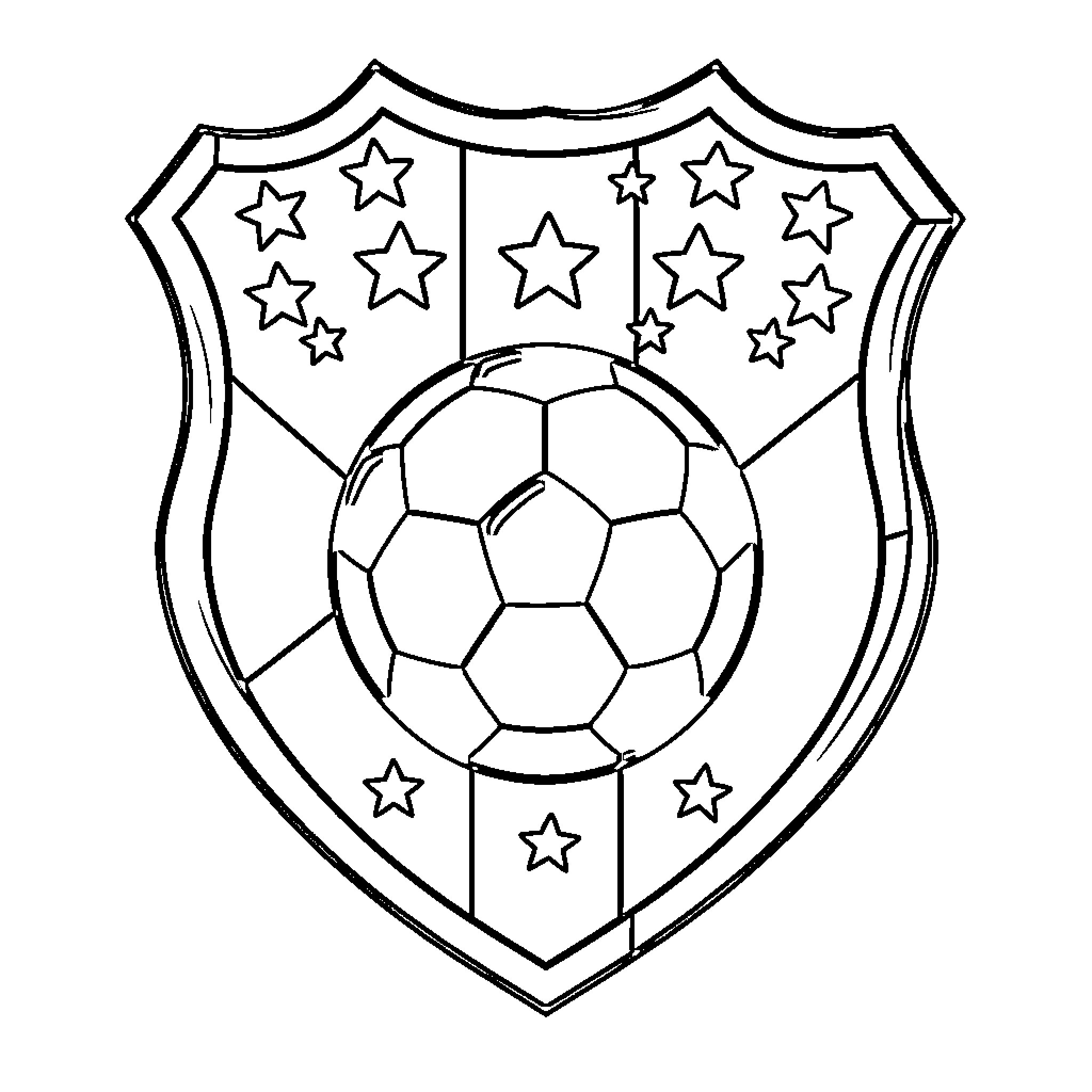 Football Team Shield with Stars and Ball Coloring Page (free black-and-white line drawing printable PDF for all, from beginners to advanced learners, including children, teens, adults, and seniors)