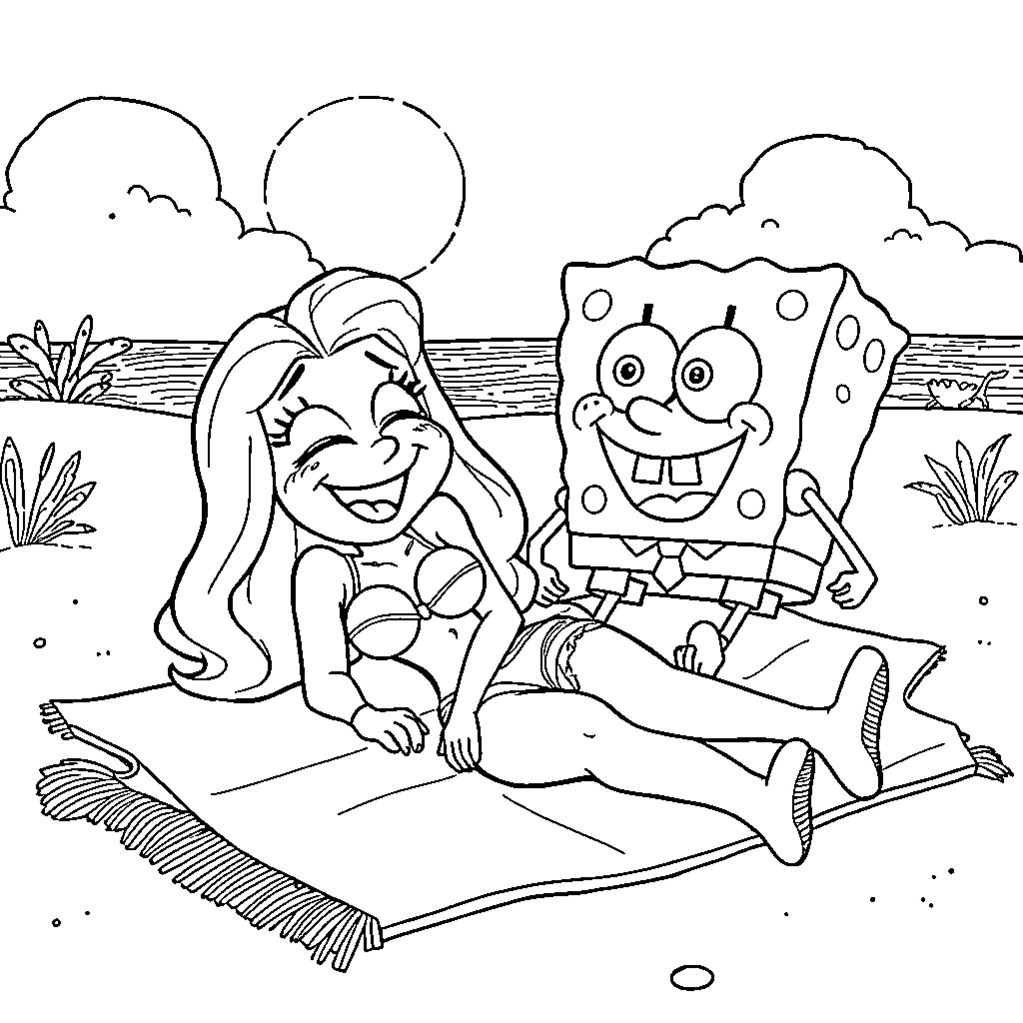 Sabrina Carpenter enjoys sunny day with SpongeBob Coloring Page (free black-and-white line drawing printable PDF for all, from beginners to advanced learners, including children, teens, adults, and seniors)