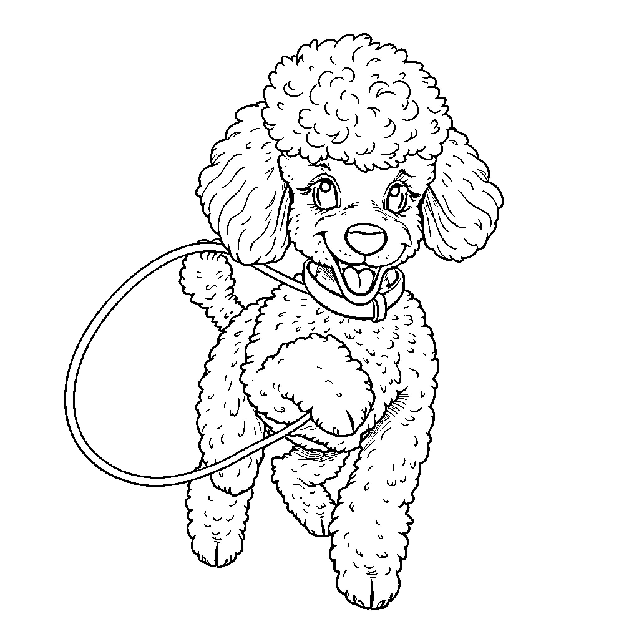 Poodle playing with a hula hoop Coloring Page (free black-and-white line drawing printable PDF for all, from beginners to advanced learners, including children, teens, adults, and seniors)