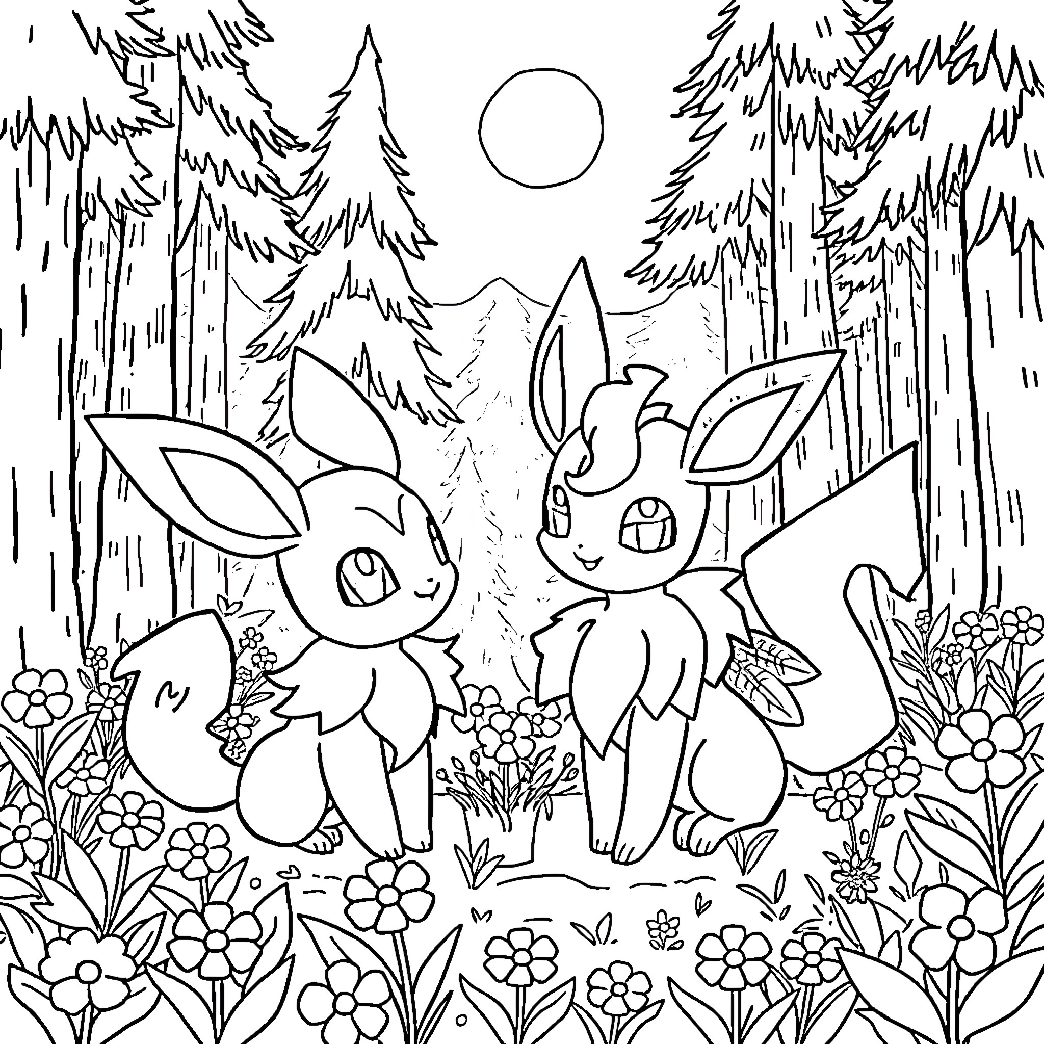 Umbreon and Espeon explore the enchanted forest Coloring Page (free black-and-white line drawing printable PDF for all, from beginners to advanced learners, including children, teens, adults, and seniors)