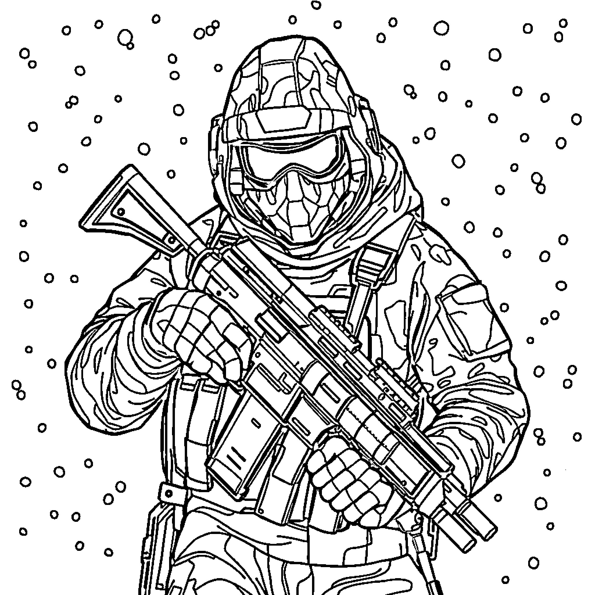 Snowdrift of a heavily armed soldier in winter Coloring Page (free black-and-white line drawing printable PDF for all, from beginners to advanced learners, including children, teens, adults, and seniors)