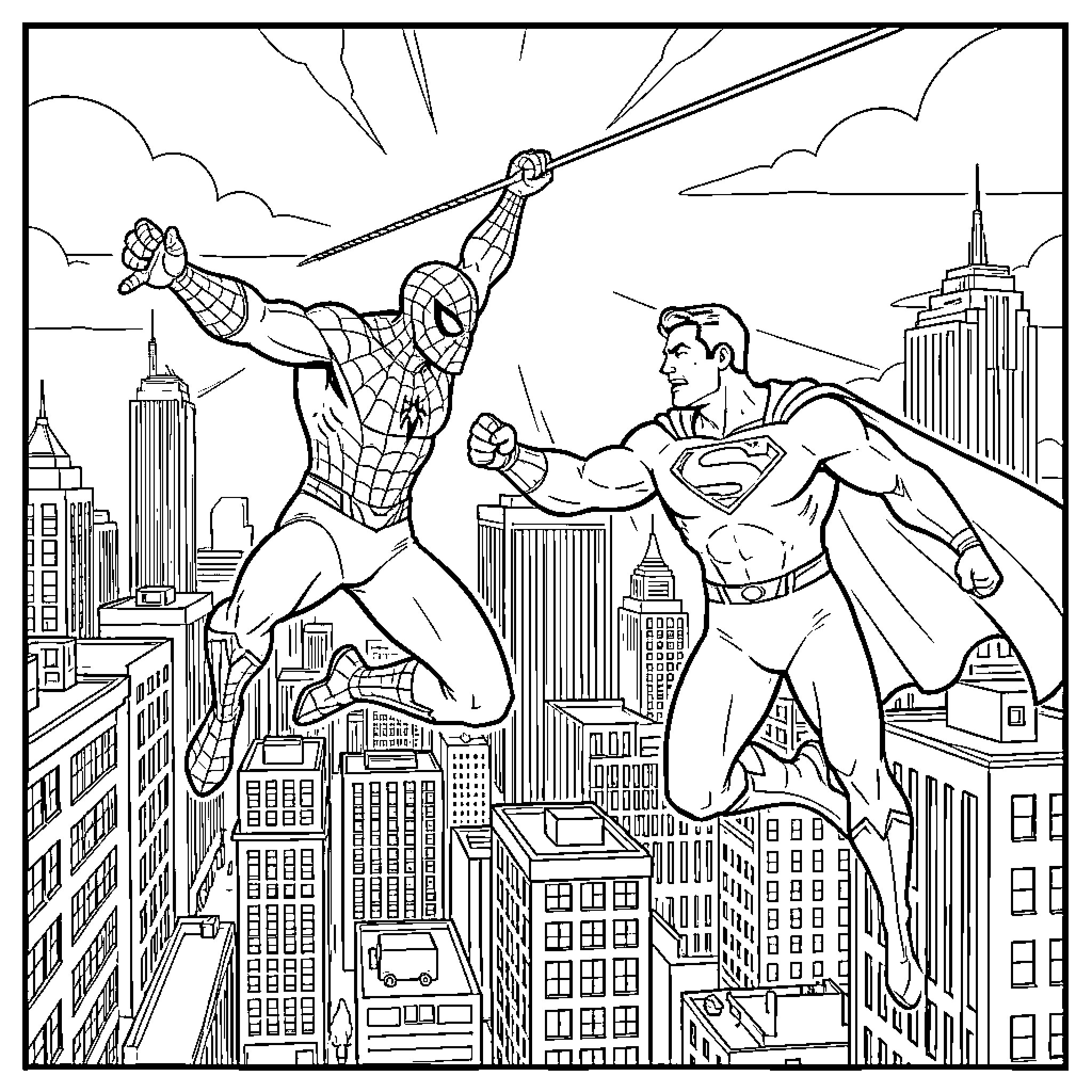 Spider-Man battling against Superman in the city Coloring Page (free black-and-white line drawing printable PDF for all, from beginners to advanced learners, including children, teens, adults, and seniors)