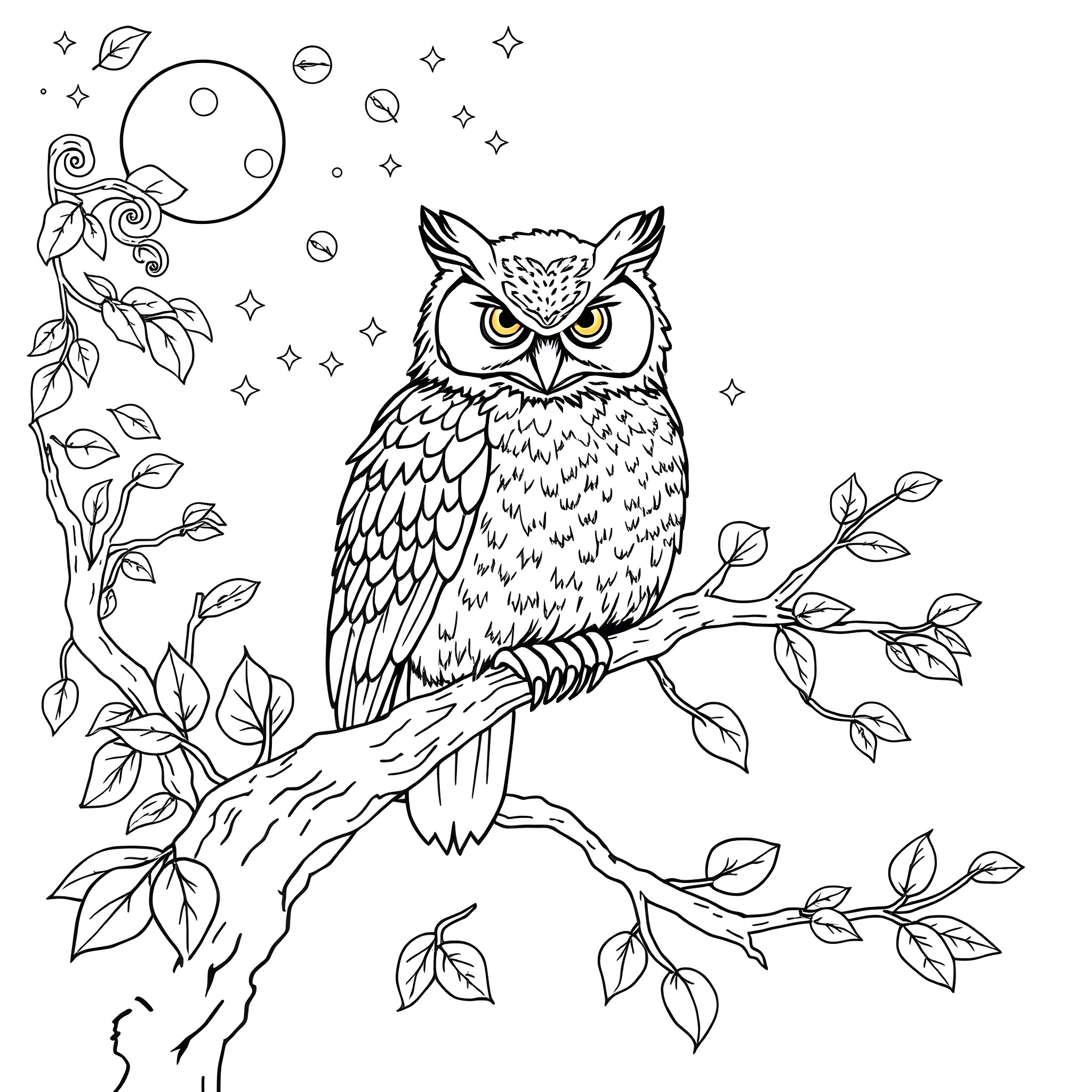 Owl perched on a branch surrounded by nature Coloring Page (free black-and-white line drawing printable PDF for all, from beginners to advanced learners, including children, teens, adults, and seniors)