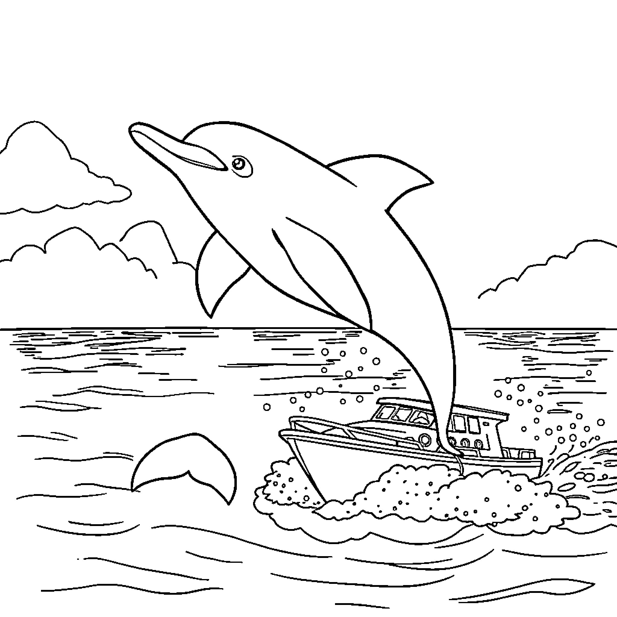 Dolphin leaping above motorboat on the open sea Coloring Page (free black-and-white line drawing printable PDF for all, from beginners to advanced learners, including children, teens, adults, and seniors)