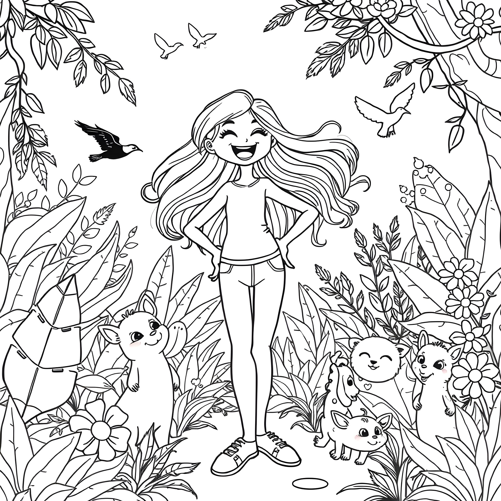 Titi in a whimsical floral garden with animals Coloring Page (free black-and-white line drawing printable PDF for all, from beginners to advanced learners, including children, teens, adults, and seniors)