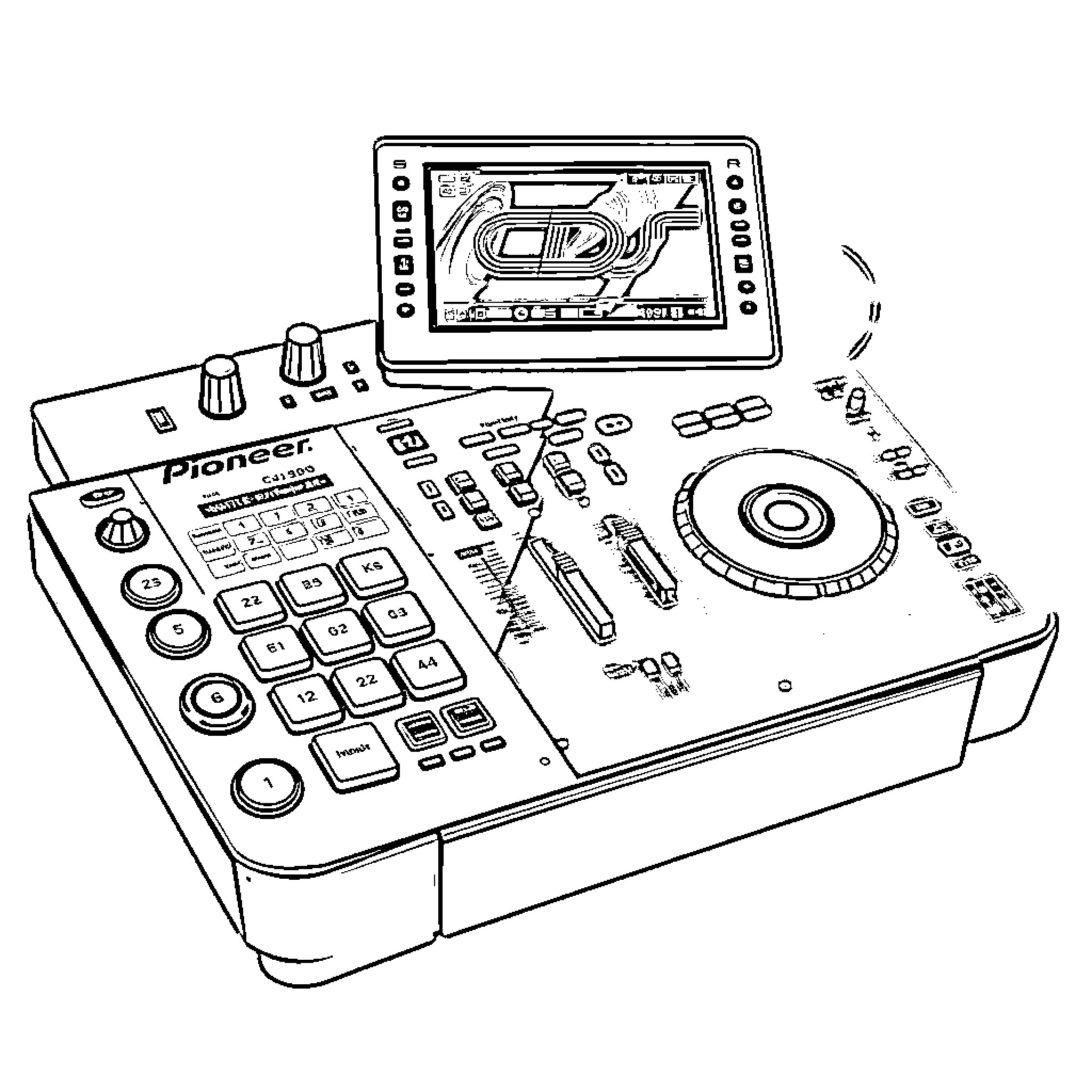 DJ Mixing Tunes on Pioneer Turntable Coloring Page (free black-and-white line drawing printable PDF for all, from beginners to advanced learners, including children, teens, adults, and seniors)