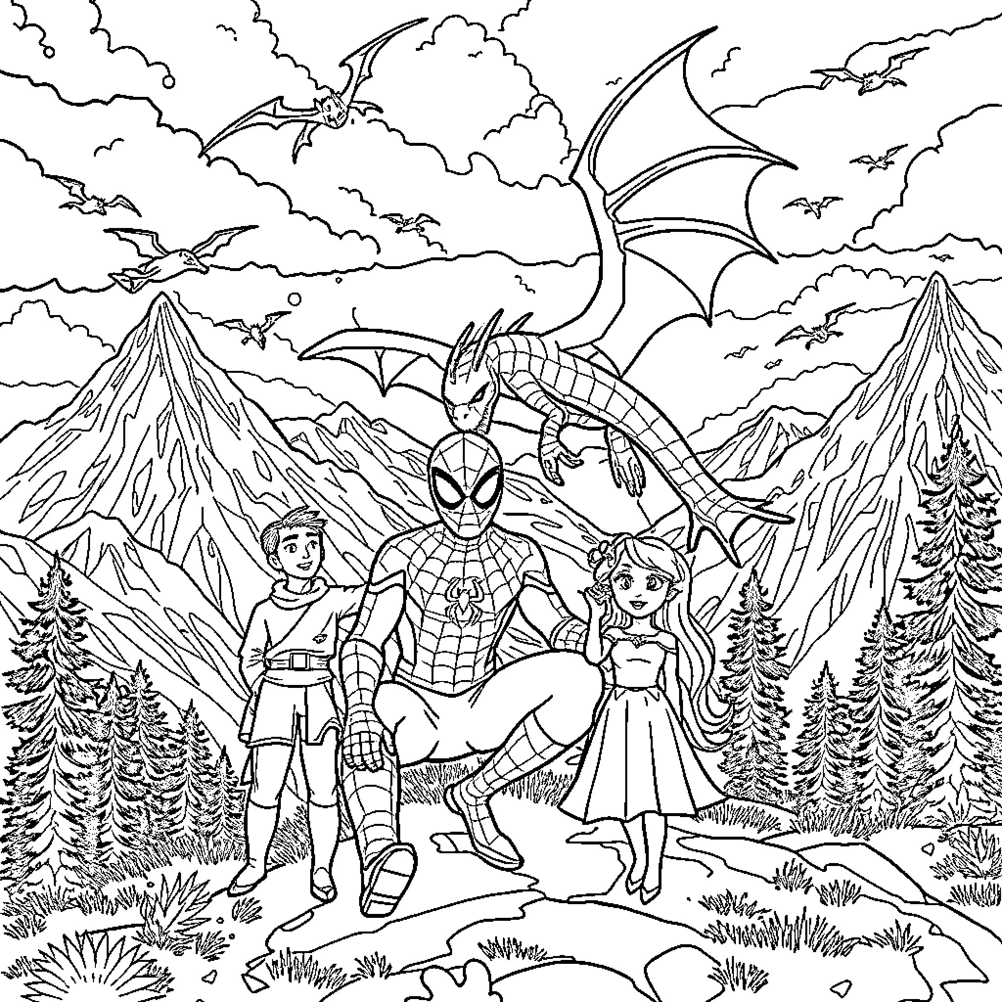 Spiderman's Adventure with Superheroes in the Enchanted Forest Coloring Page (free black-and-white line drawing printable PDF for all, from beginners to advanced learners, including children, teens, adults, and seniors)