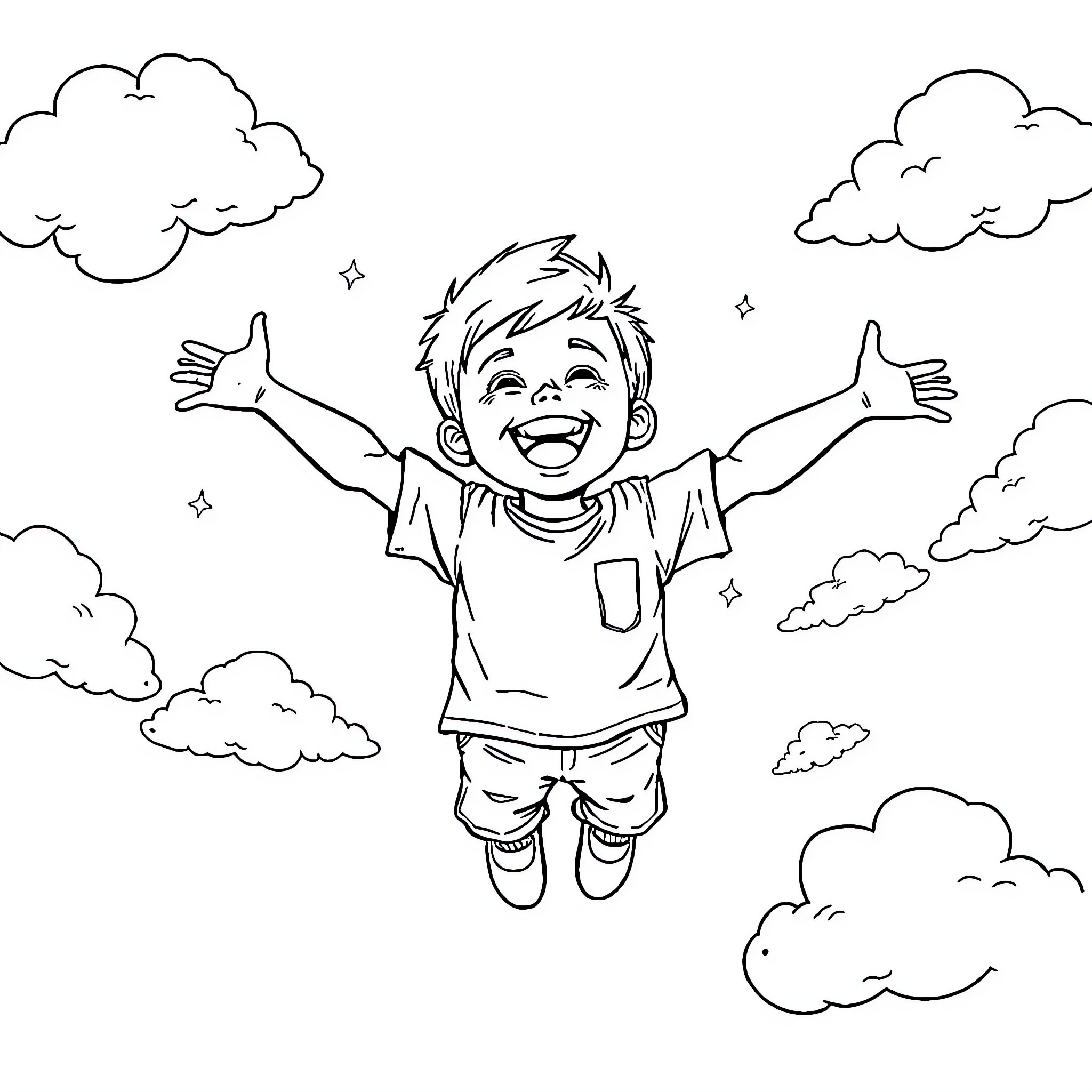 Boy joyfully jumping among clouds Coloring Page (free black-and-white line drawing printable PDF for all, from beginners to advanced learners, including children, teens, adults, and seniors)