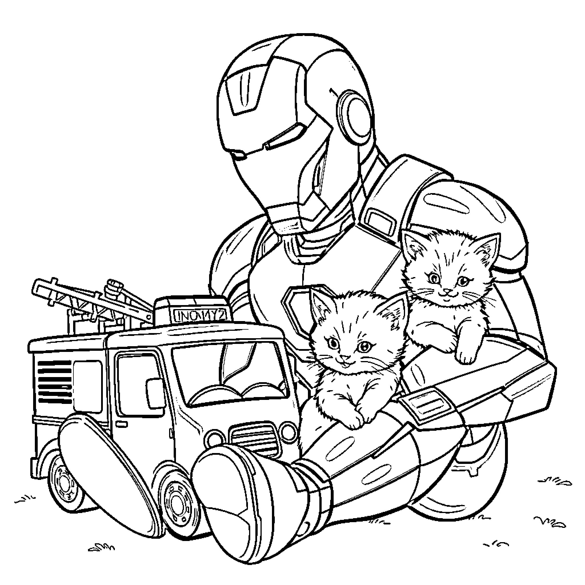 Iron Man rescuing kittens from a burning vehicle Coloring Page (free black-and-white line drawing printable PDF for all, from beginners to advanced learners, including children, teens, adults, and seniors)
