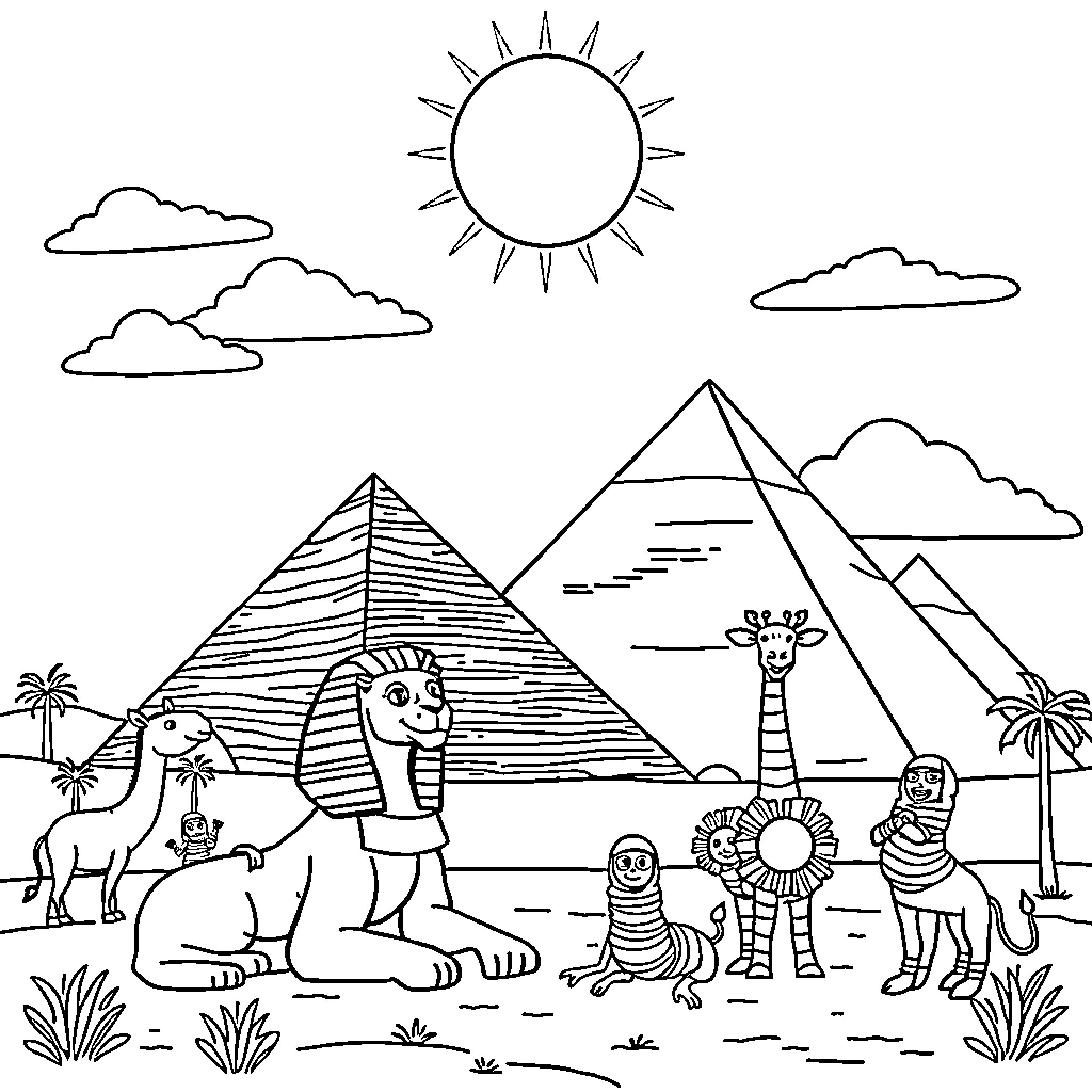 Pyramid with Ancient Egyptian Figures and Landscape Coloring Page (free black-and-white line drawing printable PDF for all, from beginners to advanced learners, including children, teens, adults, and seniors)