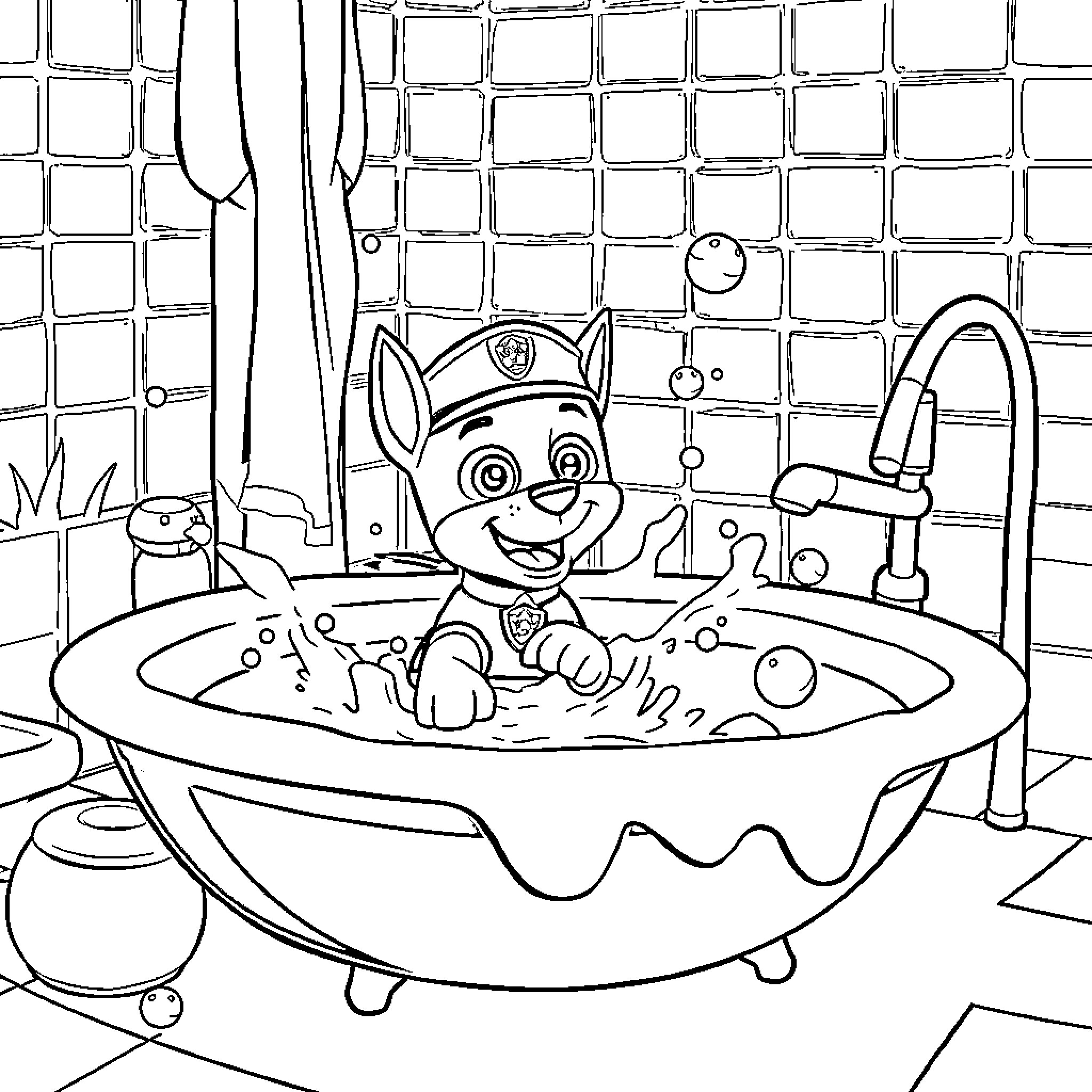 Chase the Pup's Bubbly Bath Time Adventure Coloring Page (free black-and-white line drawing printable PDF for all, from beginners to advanced learners, including children, teens, adults, and seniors)