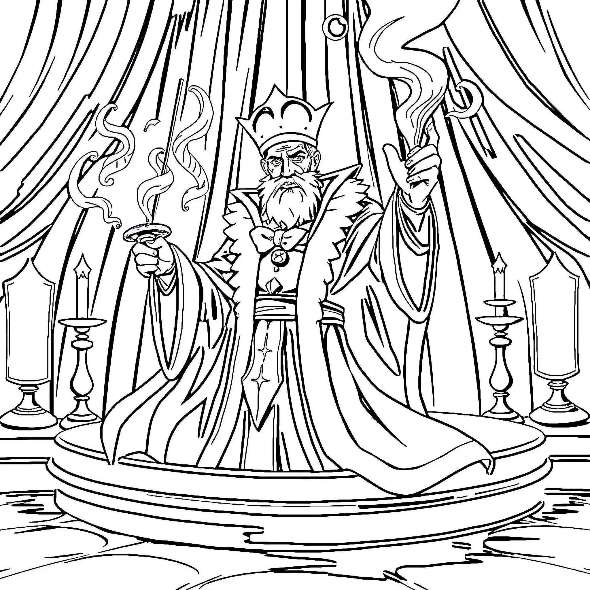 456 Sorcerer Performing Magical Ritual on Stage Coloring Page (free black-and-white line drawing printable PDF for all, from beginners to advanced learners, including children, teens, adults, and seniors)