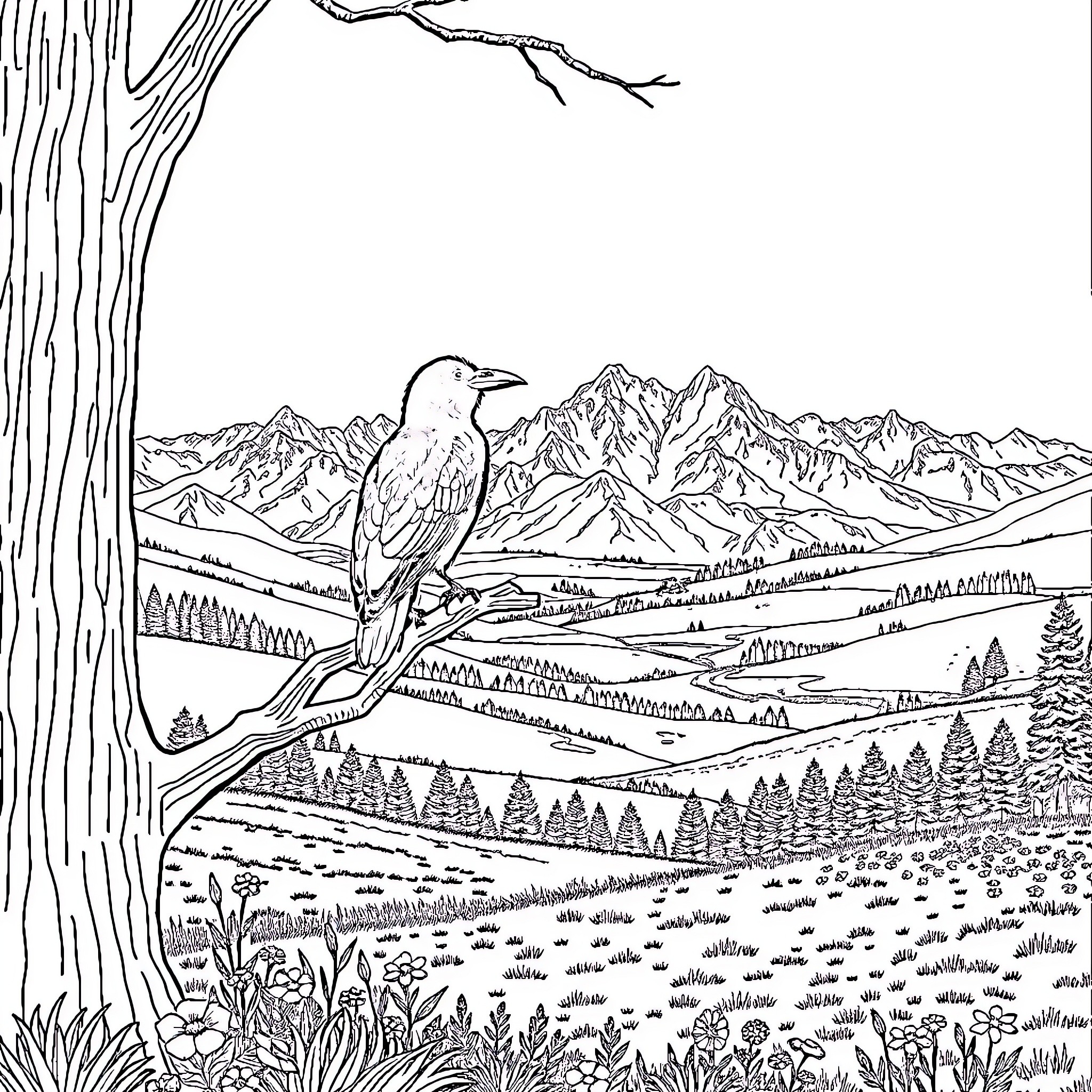 Raven perched on a branch overlooking a mountain landscape Coloring Page (free black-and-white line drawing printable PDF for all, from beginners to advanced learners, including children, teens, adults, and seniors)