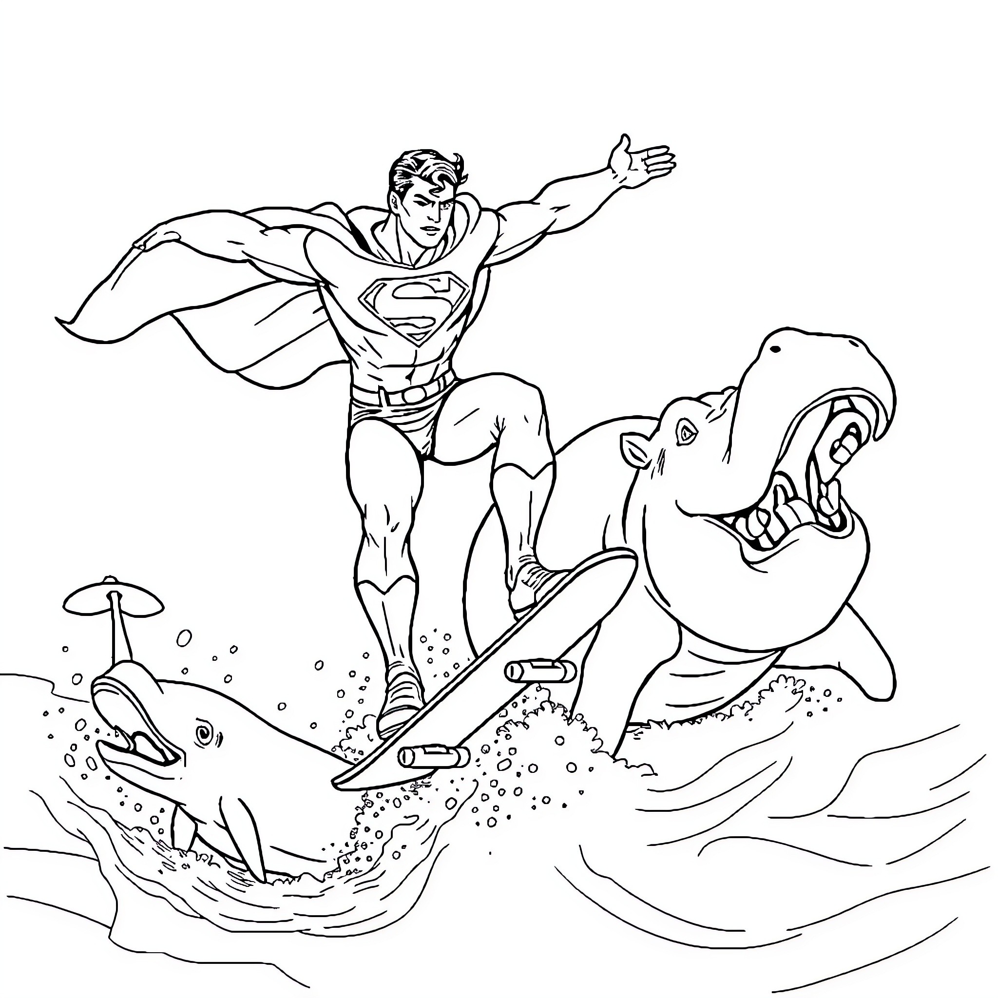 Superman battles fearsome sea creatures Coloring Page (free black-and-white line drawing printable PDF for all, from beginners to advanced learners, including children, teens, adults, and seniors)
