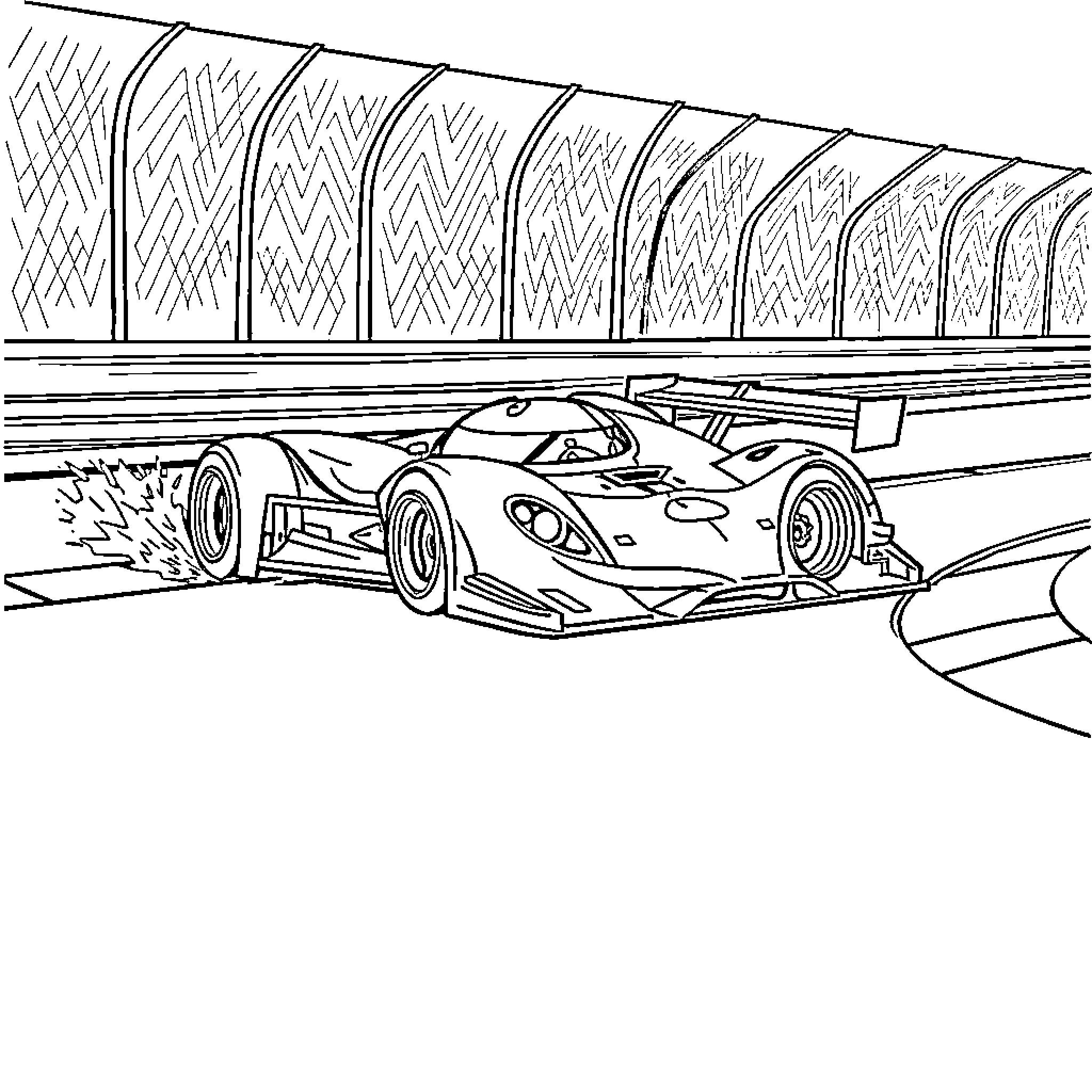 Race Car speeding on track with grandstands Coloring Page (free black-and-white line drawing printable PDF for all, from beginners to advanced learners, including children, teens, adults, and seniors)