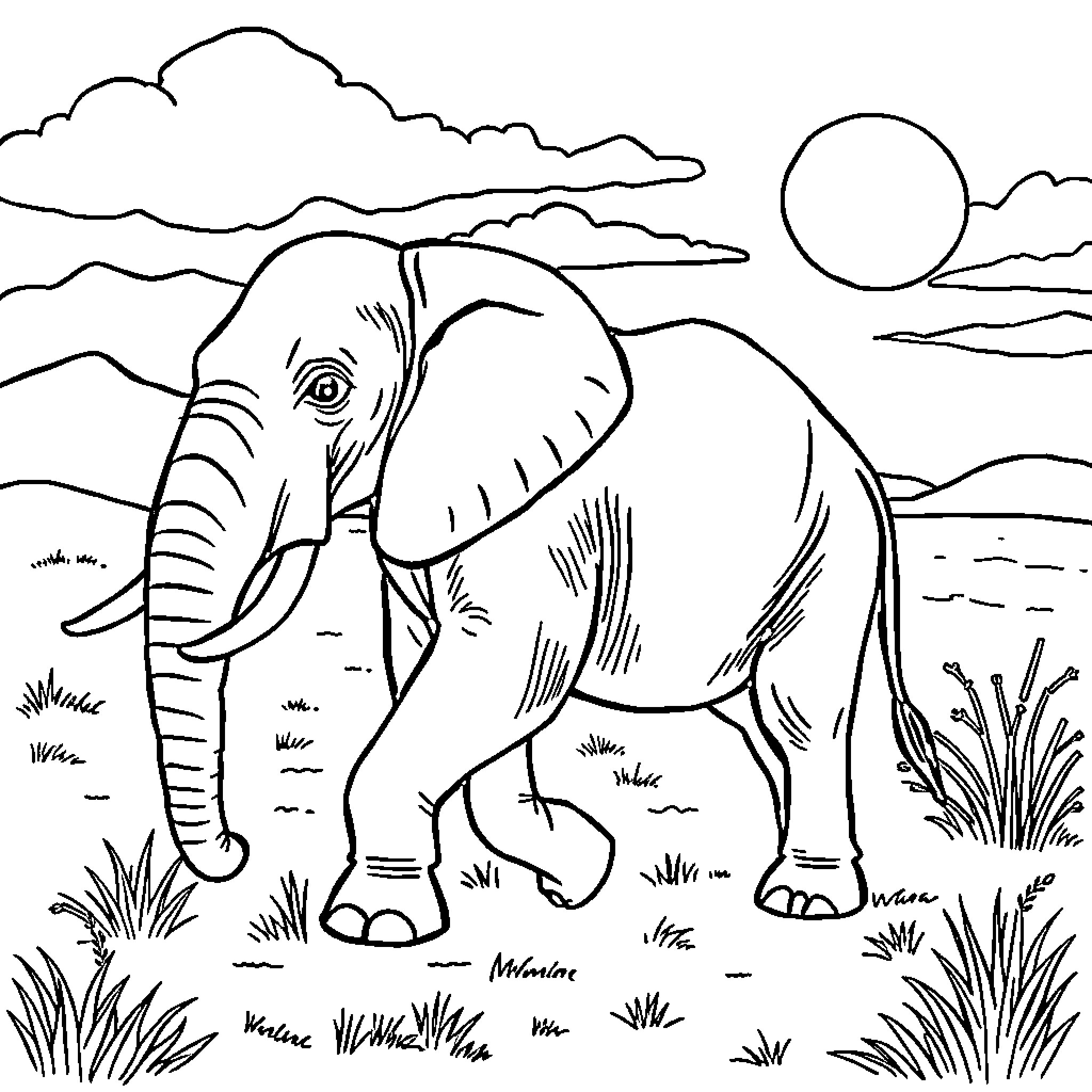 Elephant in the African Wilderness Coloring Page (free black-and-white line drawing printable PDF for all, from beginners to advanced learners, including children, teens, adults, and seniors)