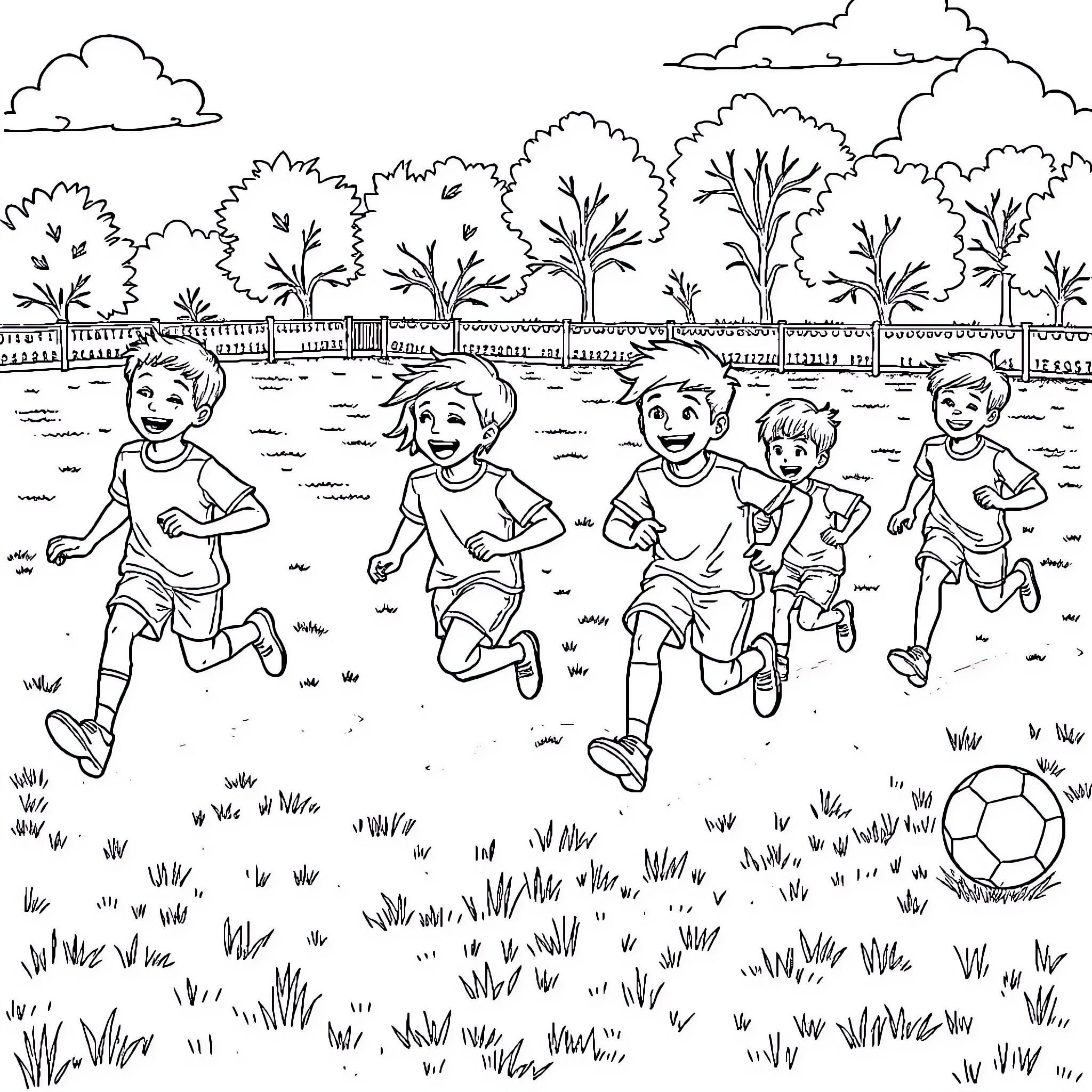 Boys enjoying a lively game of soccer outdoors Coloring Page (free black-and-white line drawing printable PDF for all, from beginners to advanced learners, including children, teens, adults, and seniors)