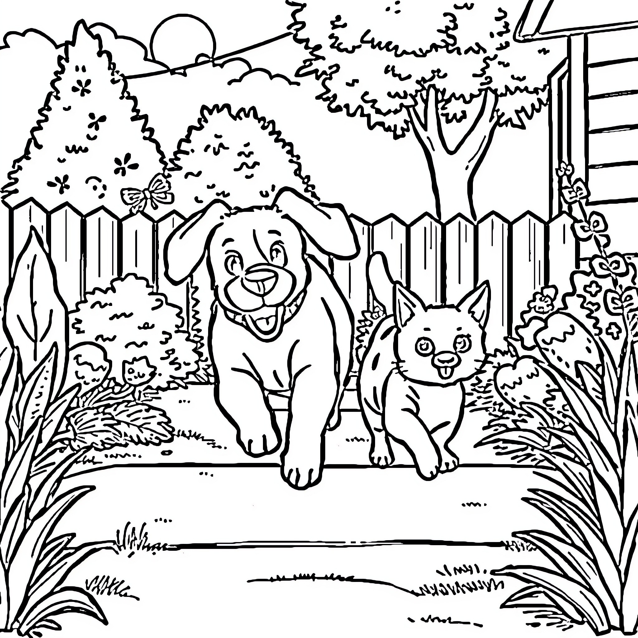 Dog and Bunny Playing in the Forest Coloring Page (free black-and-white line drawing printable PDF for all, from beginners to advanced learners, including children, teens, adults, and seniors)