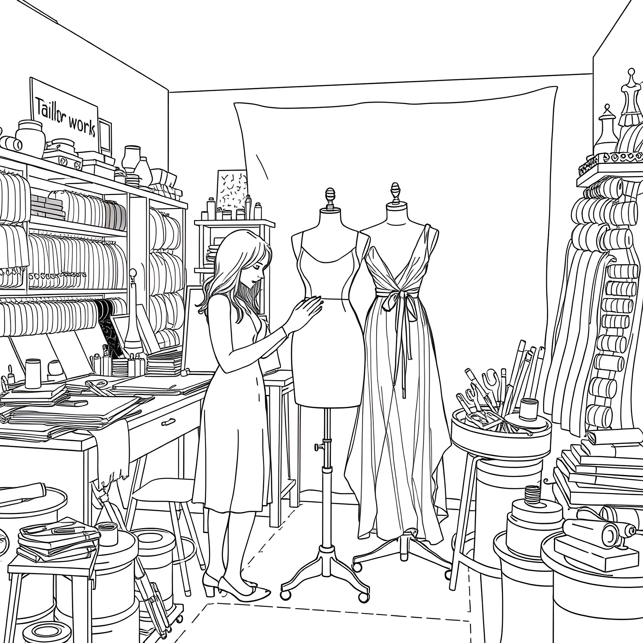 Clothing Design Workspace with Mannequins and Sketching Coloring Page (free black-and-white line drawing printable PDF for all, from beginners to advanced learners, including children, teens, adults, and seniors)