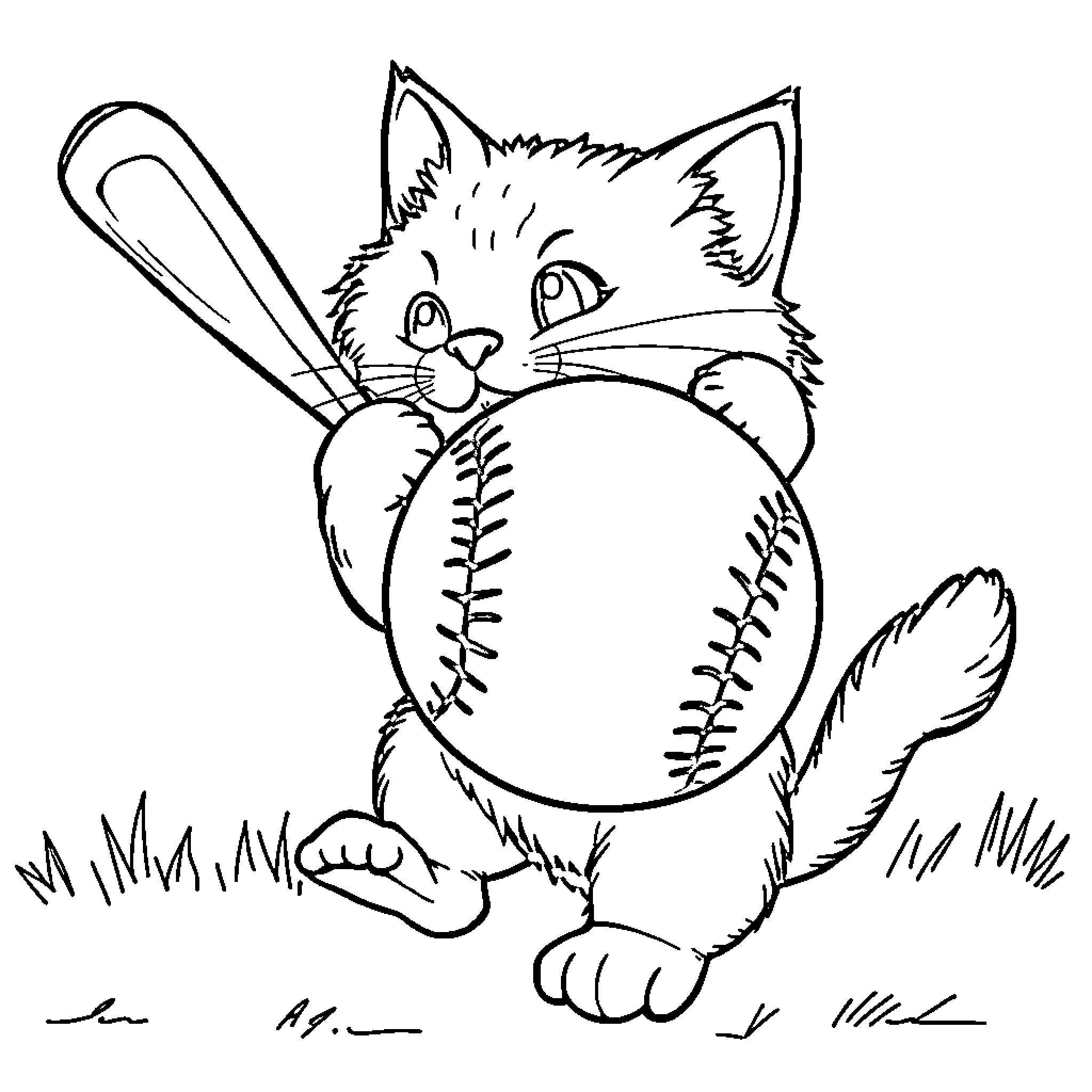 Cat playing with baseball Coloring Page (free black-and-white line drawing printable PDF for all, from beginners to advanced learners, including children, teens, adults, and seniors)