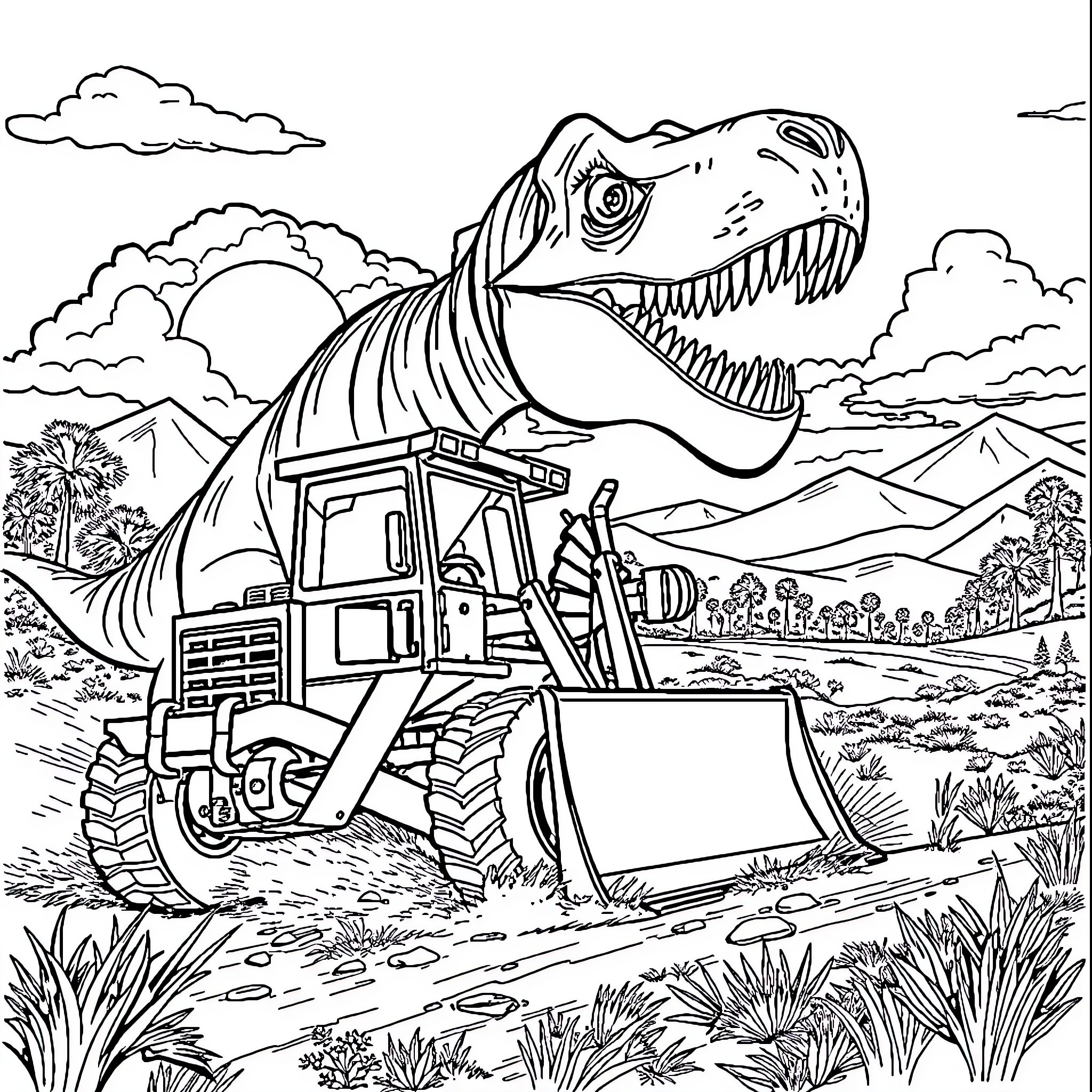 Bulldozer digging in a prehistoric landscape Coloring Page (free black-and-white line drawing printable PDF for all, from beginners to advanced learners, including children, teens, adults, and seniors)