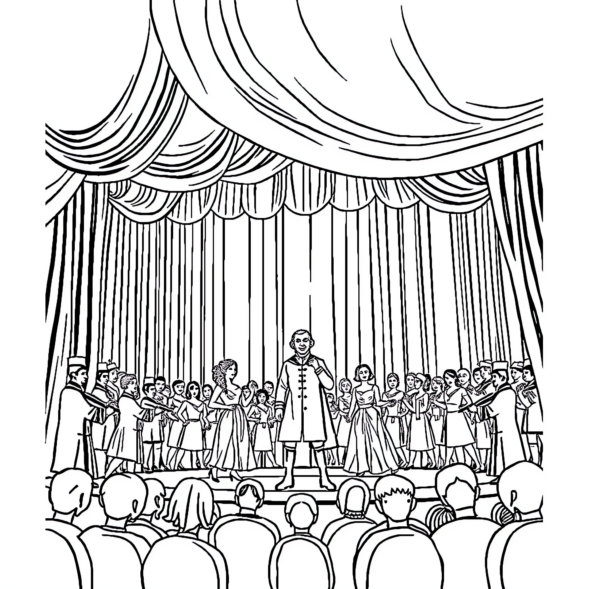 Hamilton - Performers on stage with audience Coloring Page (free black-and-white line drawing printable PDF for all, from beginners to advanced learners, including children, teens, adults, and seniors)