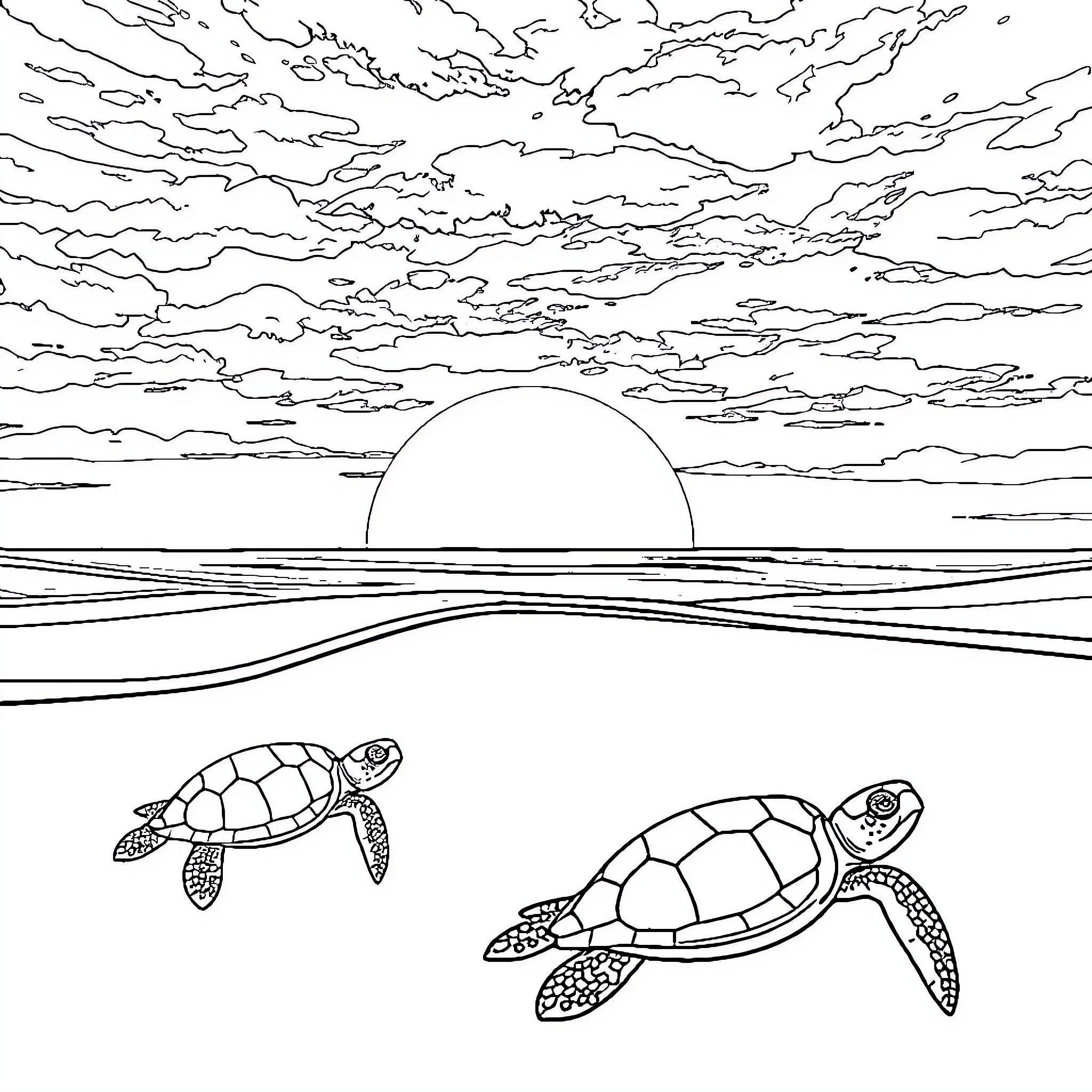 Turtle swimming at sunset Coloring Page (free black-and-white line drawing printable PDF for all, from beginners to advanced learners, including children, teens, adults, and seniors)