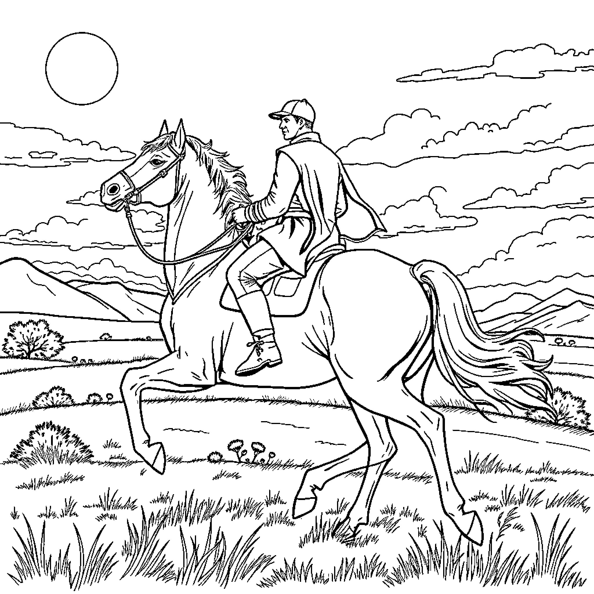 Captain Kirk riding a horse through the wilderness Coloring Page (free black-and-white line drawing printable PDF for all, from beginners to advanced learners, including children, teens, adults, and seniors)