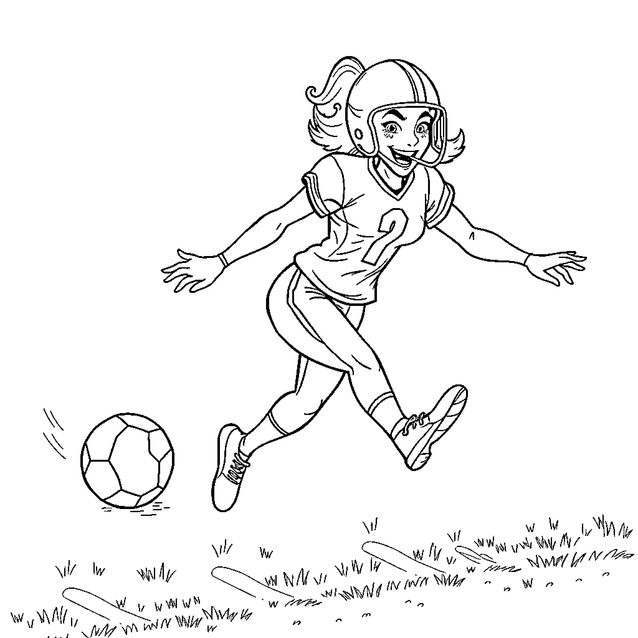 Mac Queen playing with soccer ball on field Coloring Page (free black-and-white line drawing printable PDF for all, from beginners to advanced learners, including children, teens, adults, and seniors)
