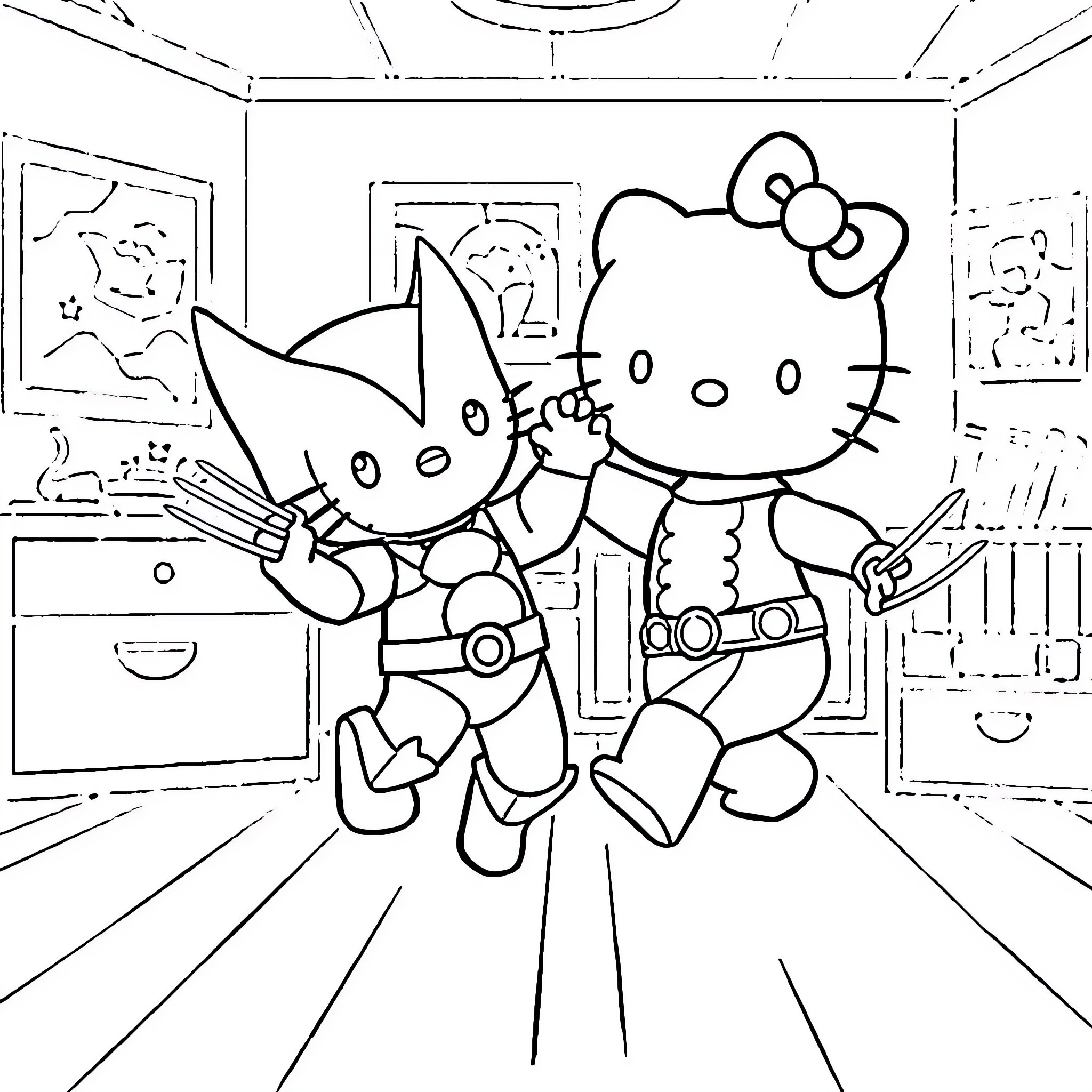 Hello Kitty and Cute Cat Superheroes Coloring Page (free black-and-white line drawing printable PDF for all, from beginners to advanced learners, including children, teens, adults, and seniors)