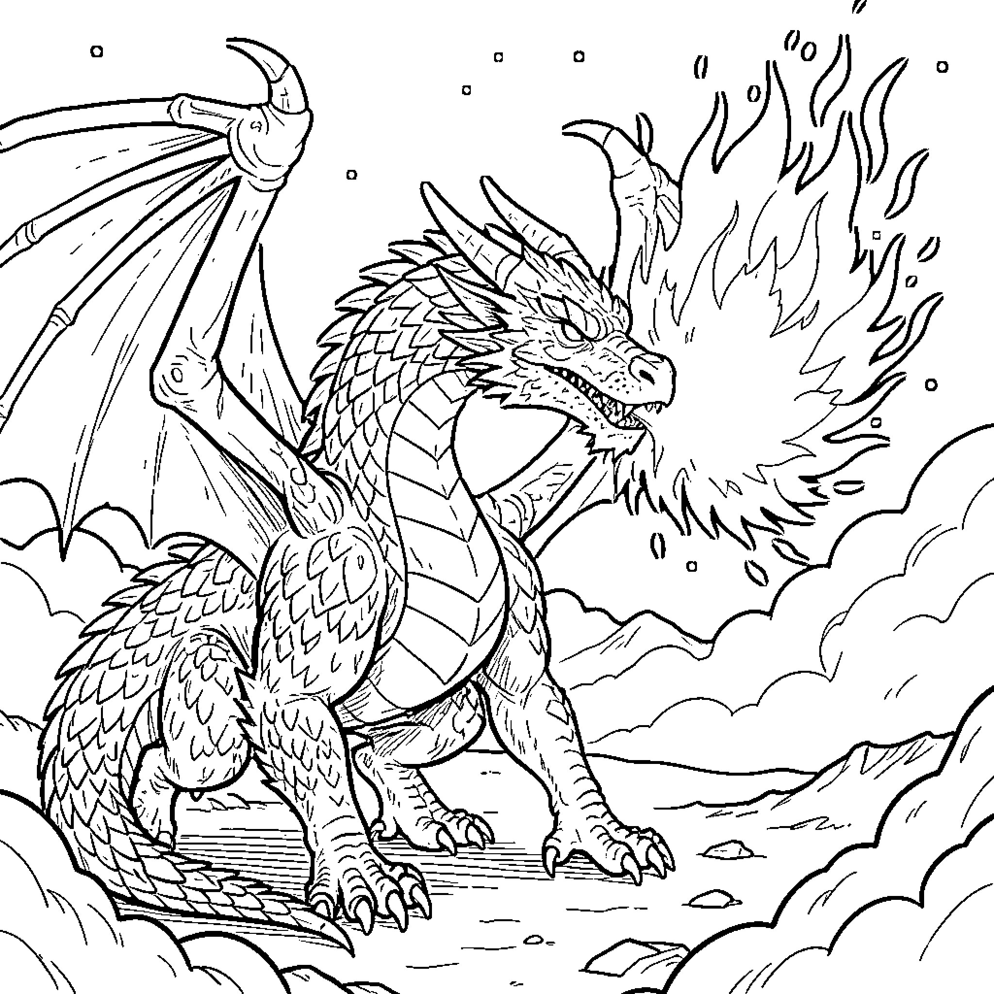 Dragon breathing fiery flames in the sky Coloring Page (free black-and-white line drawing printable PDF for all, from beginners to advanced learners, including children, teens, adults, and seniors)
