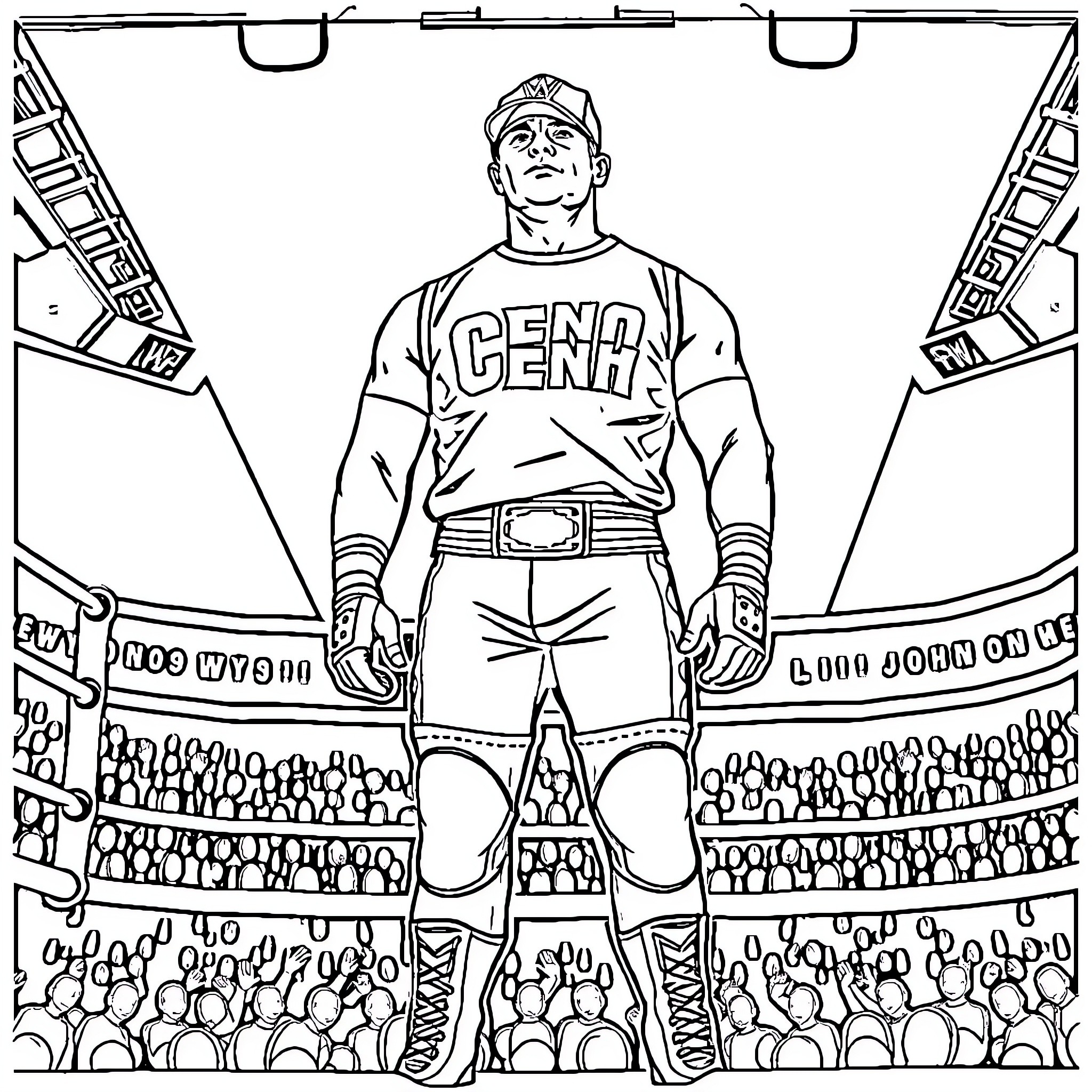 John Cena performing on a wrestling stage Coloring Page (free black-and-white line drawing printable PDF for all, from beginners to advanced learners, including children, teens, adults, and seniors)