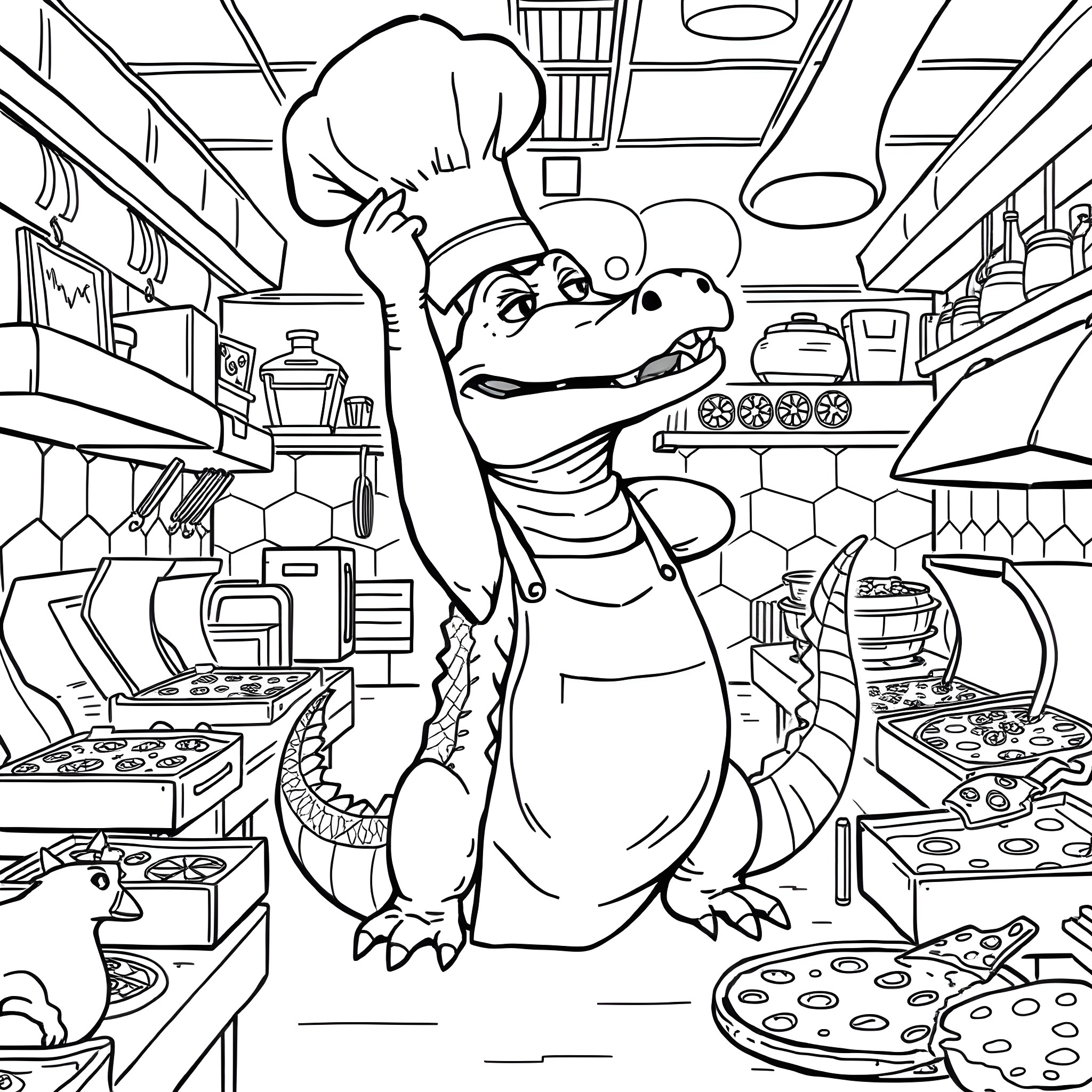 Alligator chef working in a busy kitchen Coloring Page (free black-and-white line drawing printable PDF for all, from beginners to advanced learners, including children, teens, adults, and seniors)