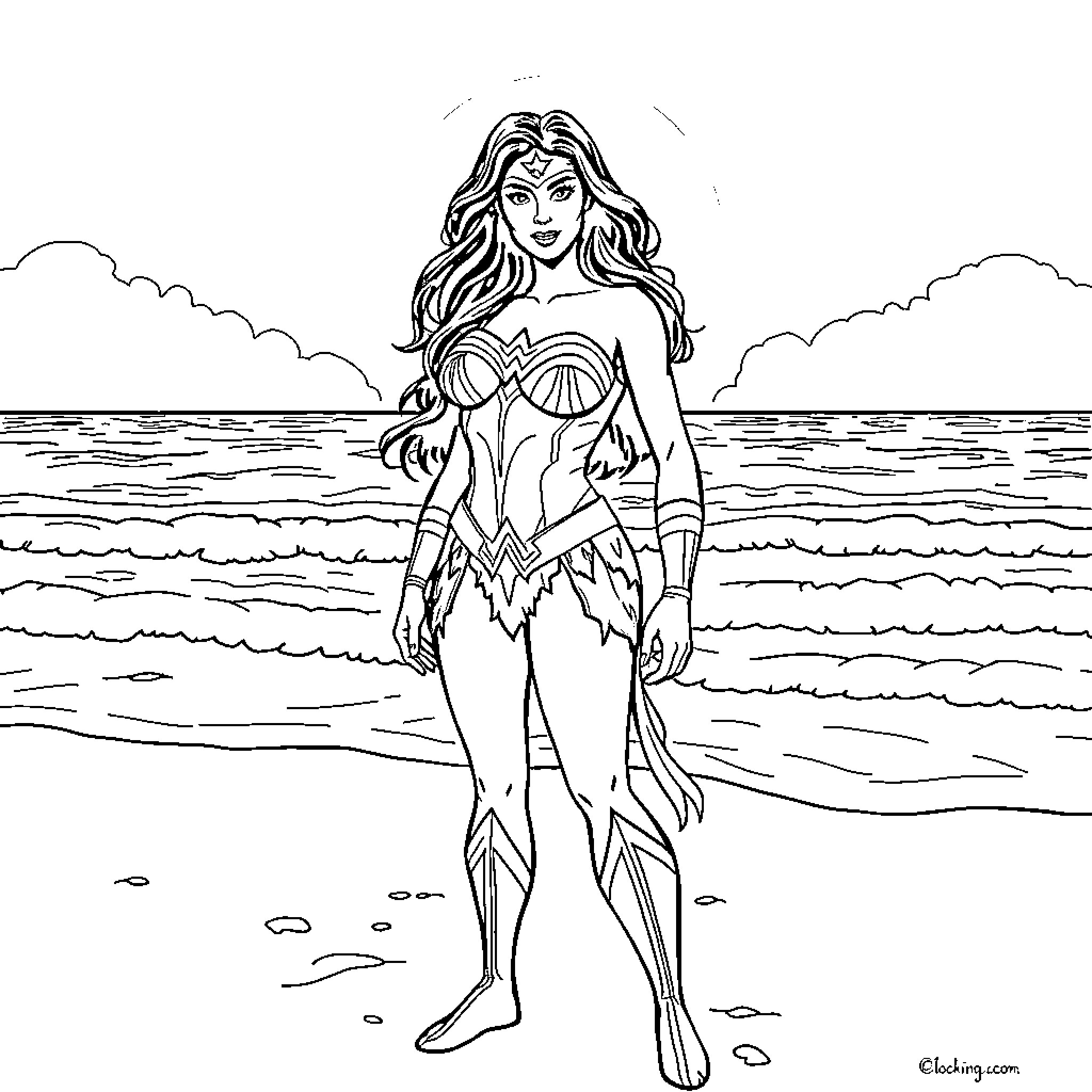 Wonder Woman Standing Confidently on the Beach Coloring Page (free black-and-white line drawing printable PDF for all, from beginners to advanced learners, including children, teens, adults, and seniors)