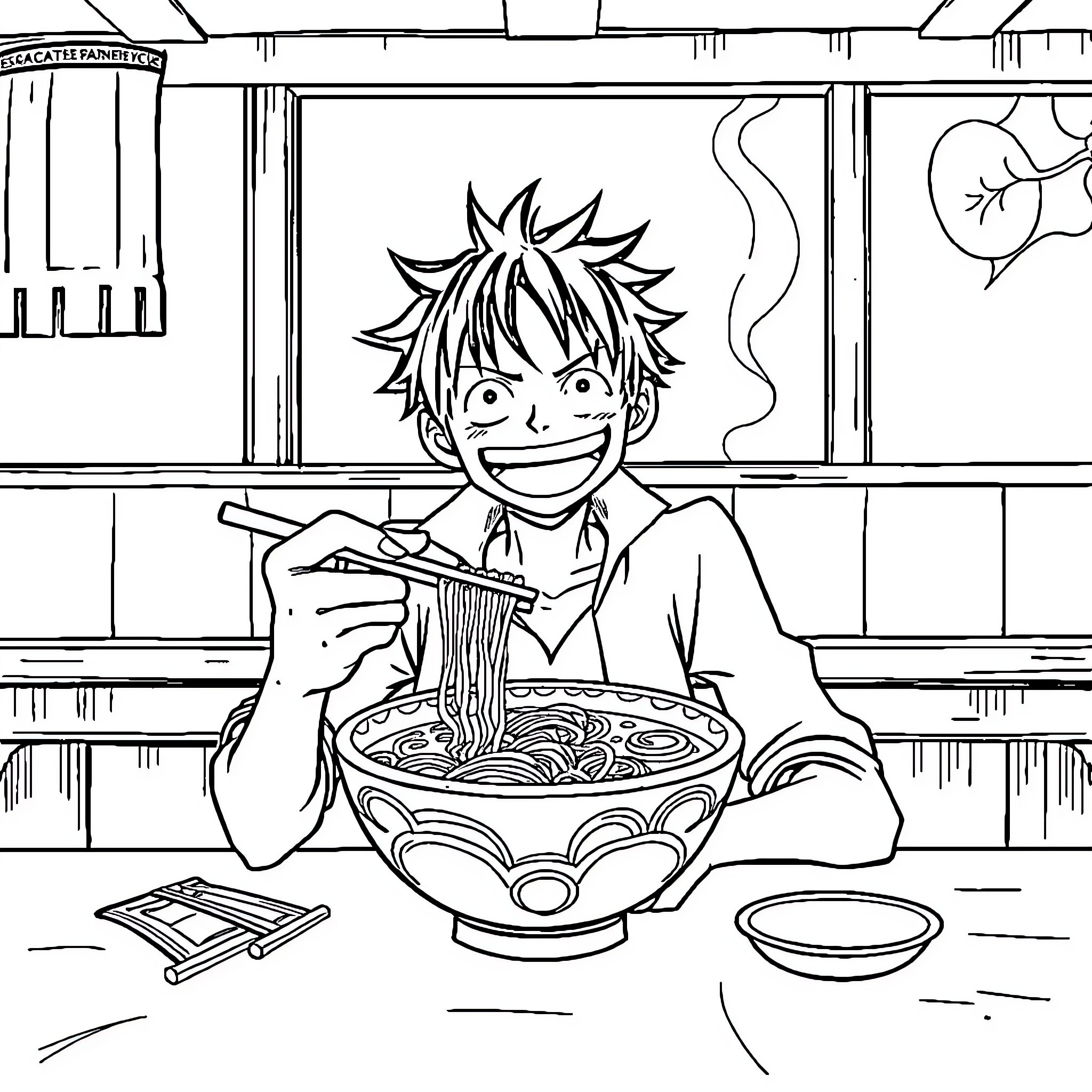 Luffy enjoying a delicious meal in the restaurant Coloring Page (free black-and-white line drawing printable PDF for all, from beginners to advanced learners, including children, teens, adults, and seniors)