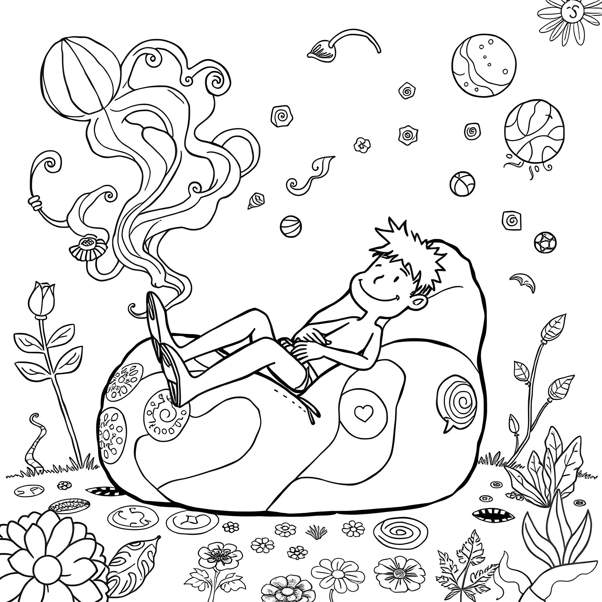 Stoner's psychedelic dream journey in nature Coloring Page (free black-and-white line drawing printable PDF for all, from beginners to advanced learners, including children, teens, adults, and seniors)