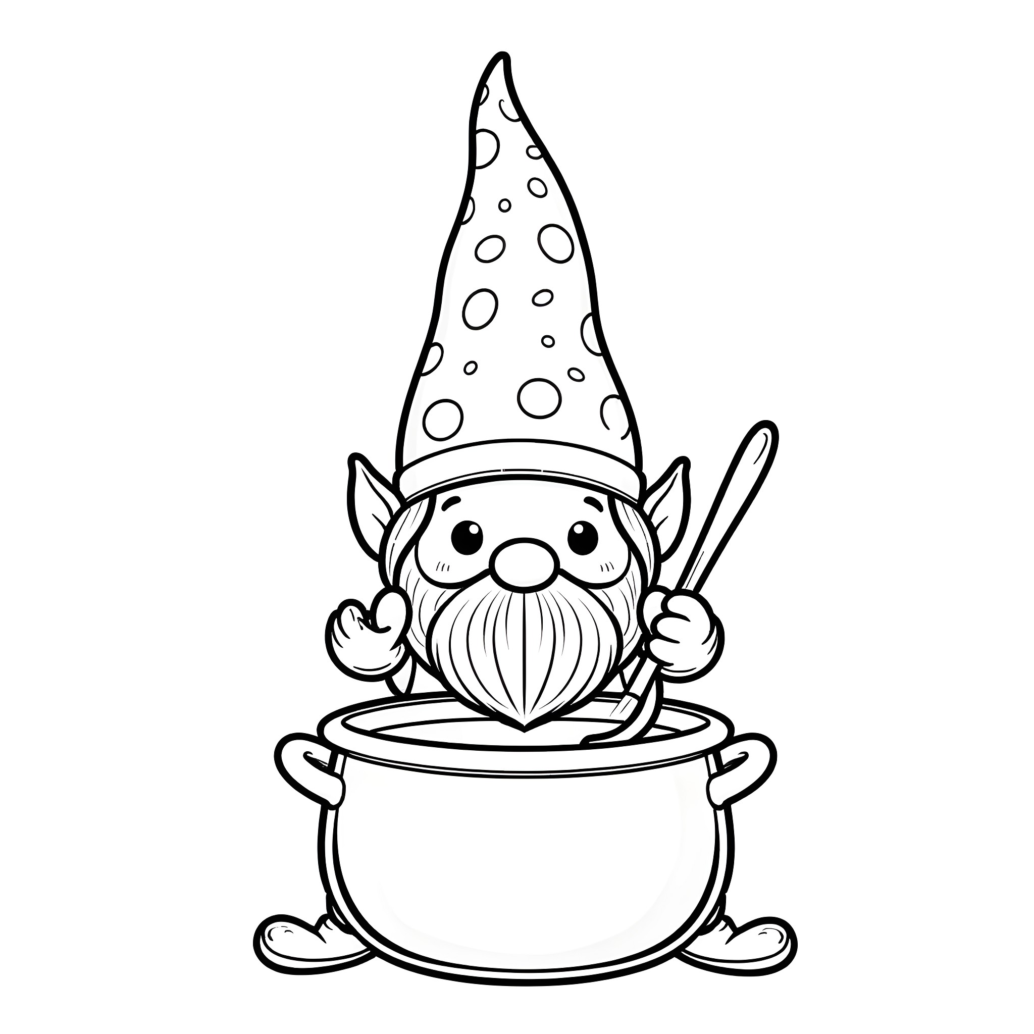 Gnome cooking in a pot with a spotted hat Coloring Page (free black-and-white line drawing printable PDF for all, from beginners to advanced learners, including children, teens, adults, and seniors)