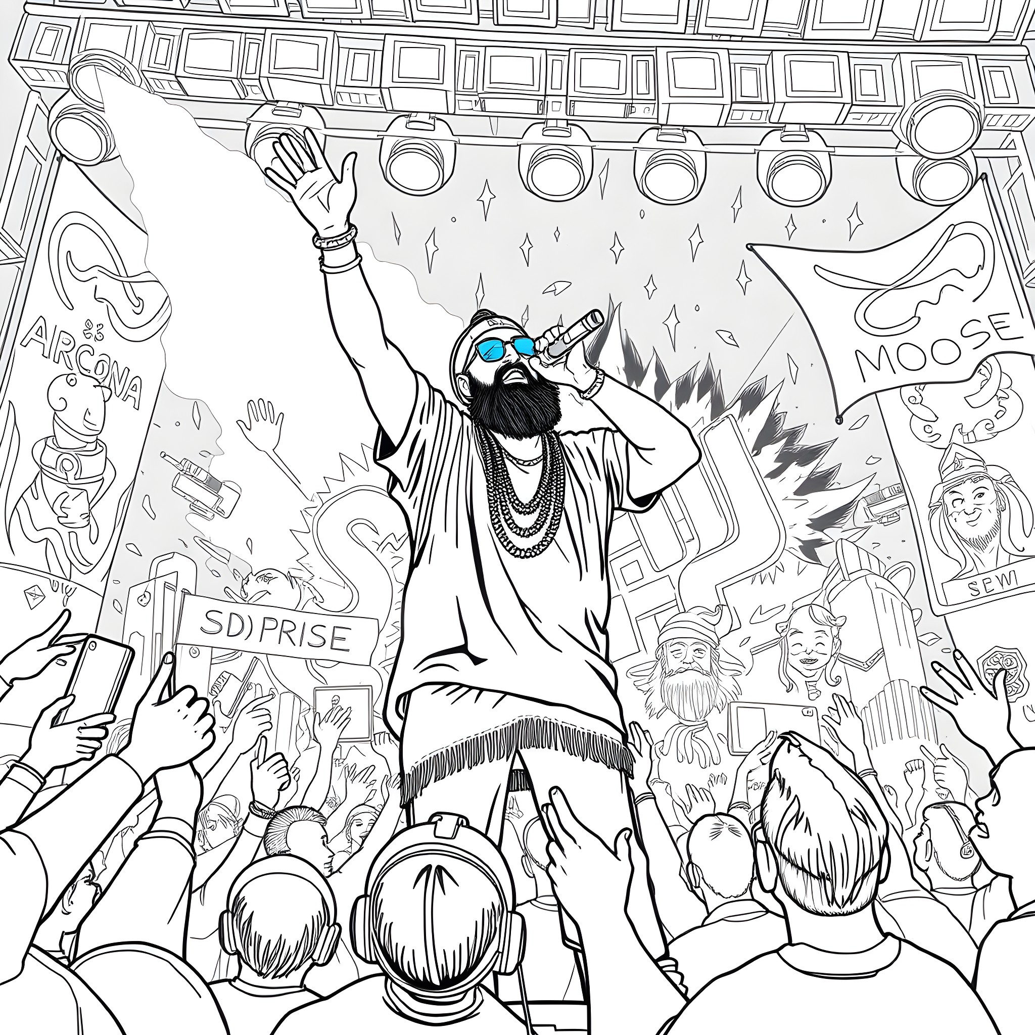 Sidhu Moose Wala performing on stage with energetic fans Coloring Page (free black-and-white line drawing printable PDF for all, from beginners to advanced learners, including children, teens, adults, and seniors)