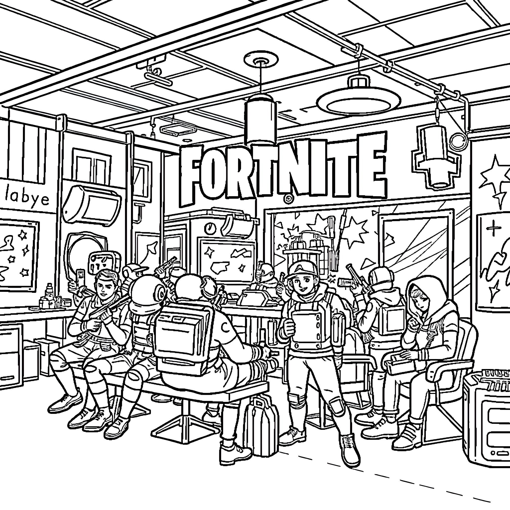 Fortnite Game Room with Players and Decorations Coloring Page (free black-and-white line drawing printable PDF for all, from beginners to advanced learners, including children, teens, adults, and seniors)