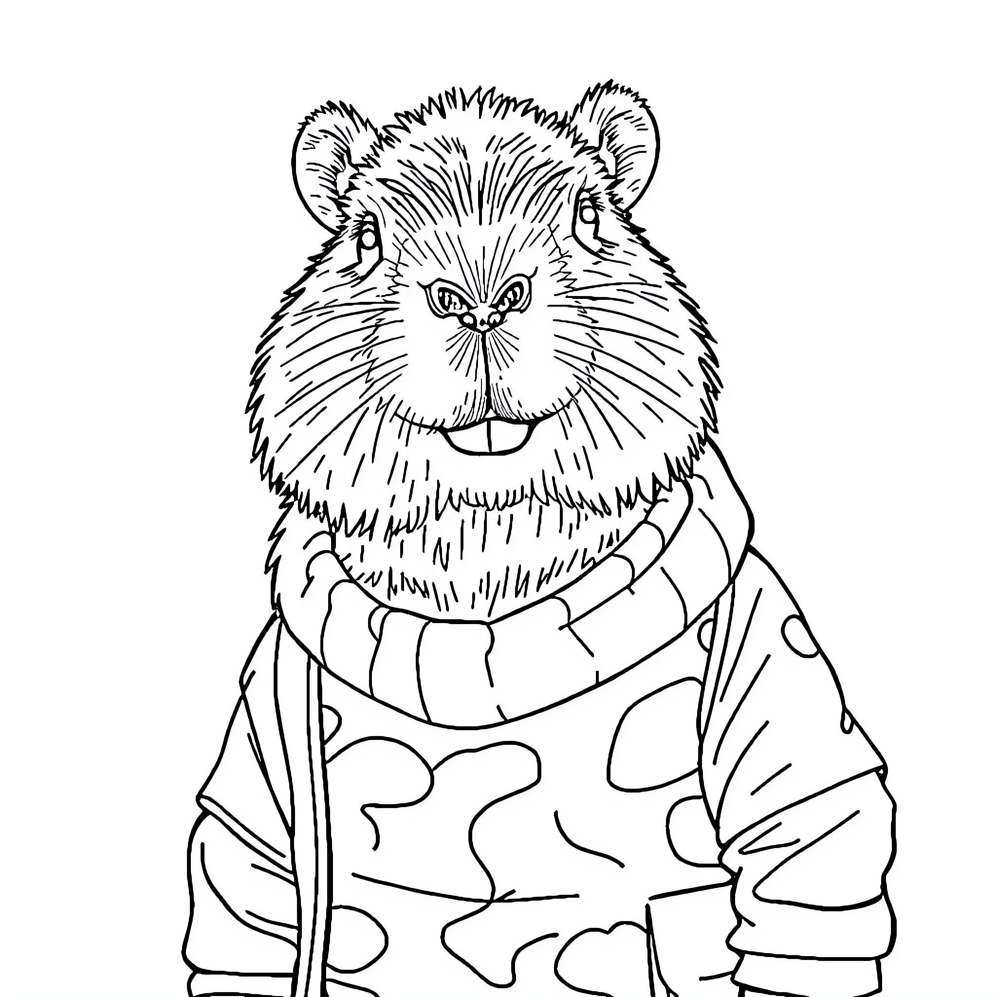 Capybara wearing a warm winter coat Coloring Page (free black-and-white line drawing printable PDF for all, from beginners to advanced learners, including children, teens, adults, and seniors)
