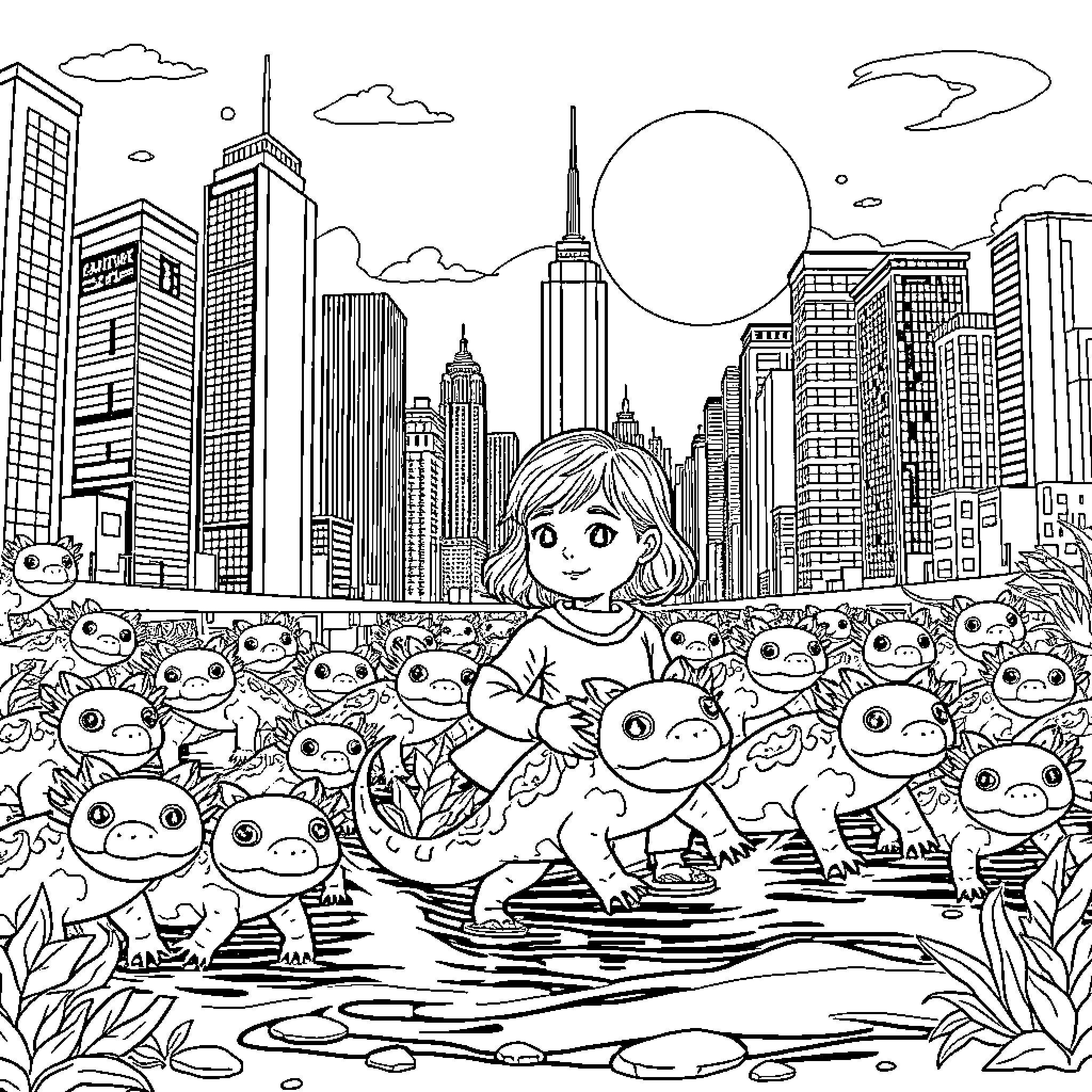 Girl surrounded by magical creatures in the city Coloring Page (free black-and-white line drawing printable PDF for all, from beginners to advanced learners, including children, teens, adults, and seniors)