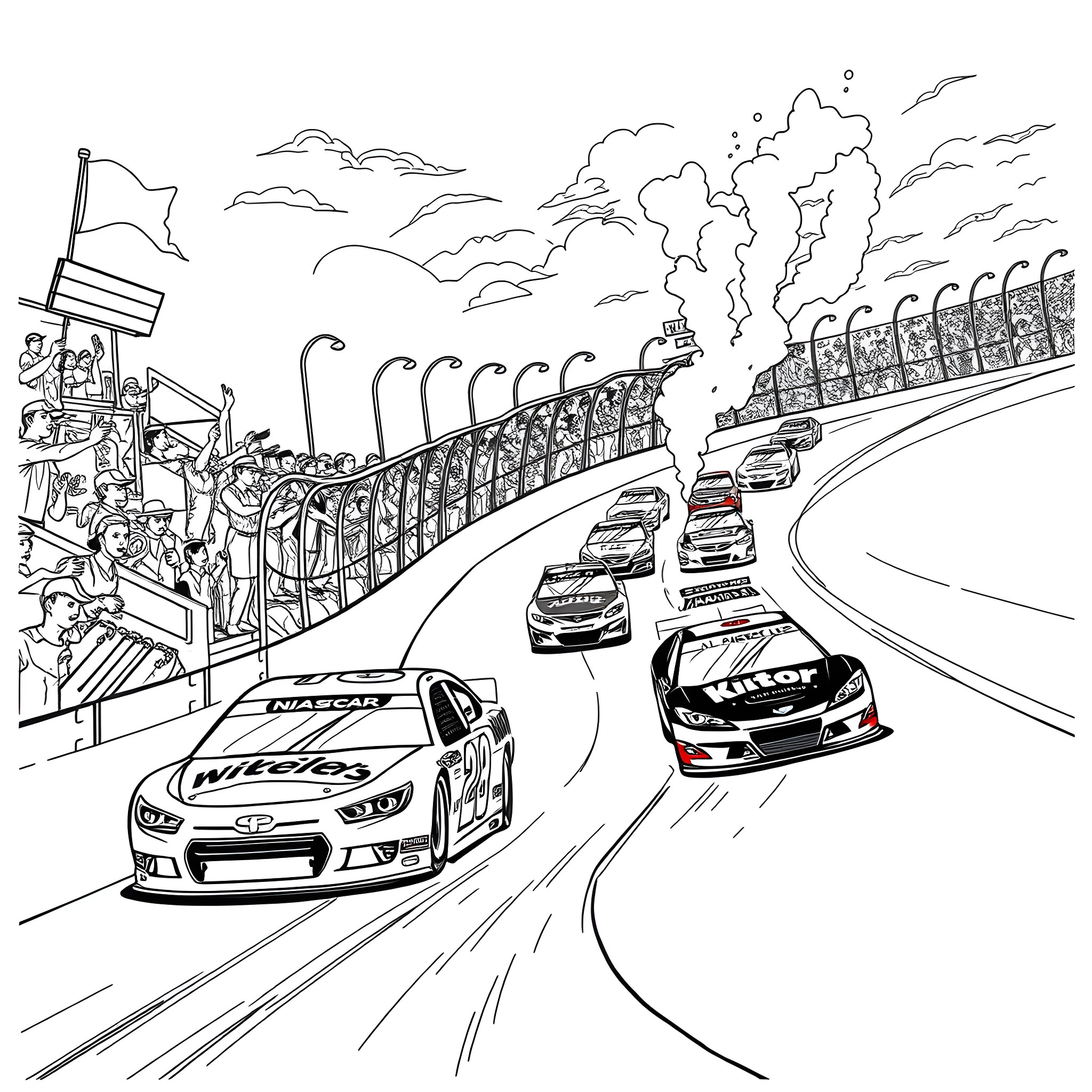 Nascar Race with Cheering Crowd and Speeding Cars Coloring Page (free black-and-white line drawing printable PDF for all, from beginners to advanced learners, including children, teens, adults, and seniors)