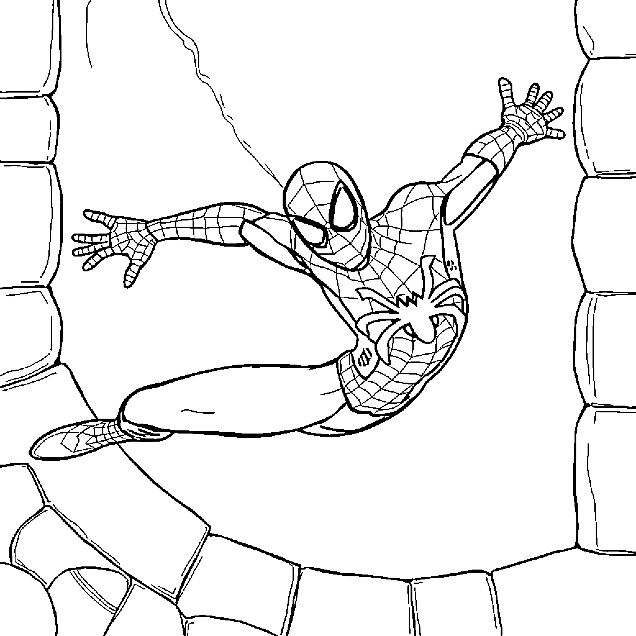 Spiderman swinging through the city with webs Coloring Page (free black-and-white line drawing printable PDF for all, from beginners to advanced learners, including children, teens, adults, and seniors)