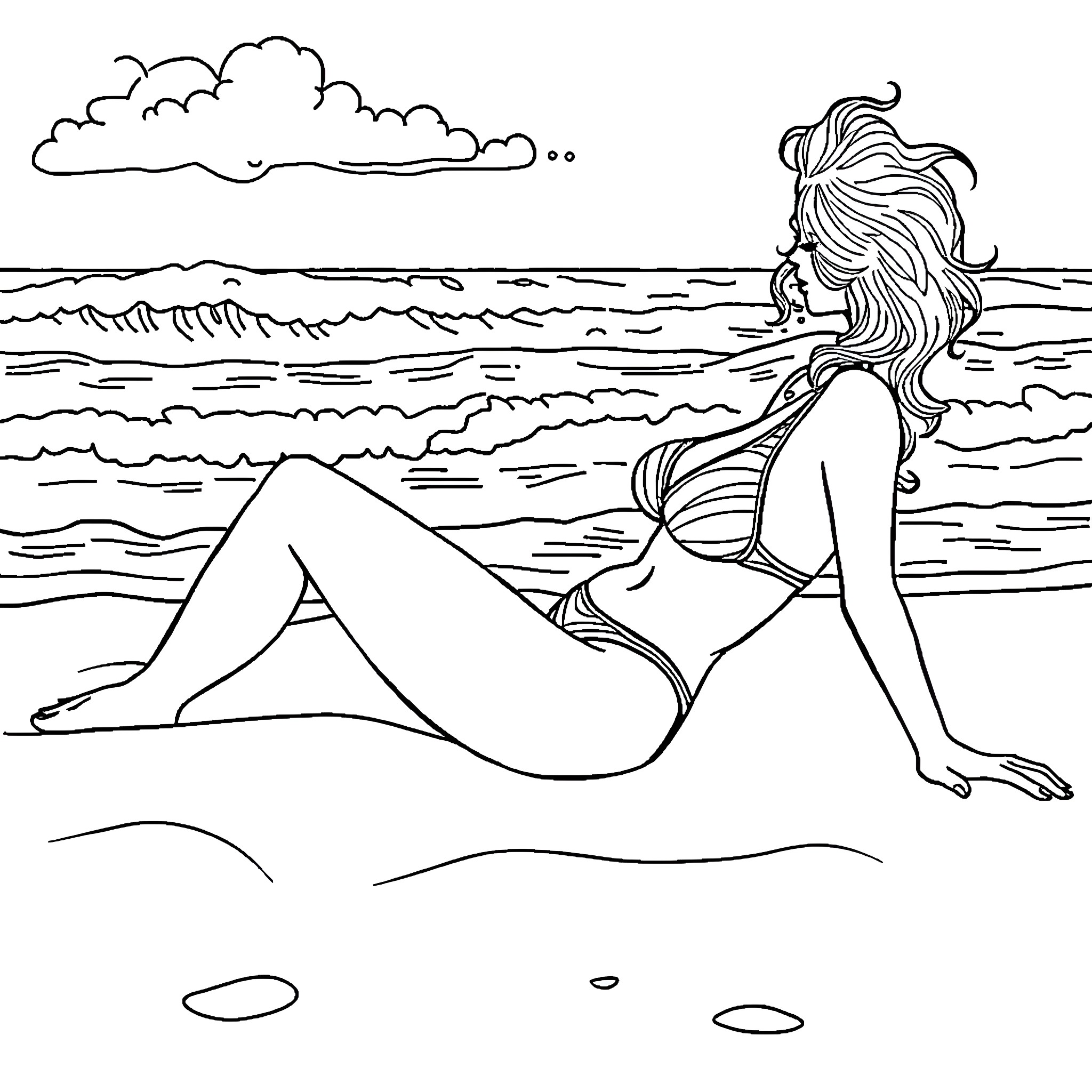 Woman relaxing on the beach Coloring Page (free black-and-white line drawing printable PDF for all, from beginners to advanced learners, including children, teens, adults, and seniors)