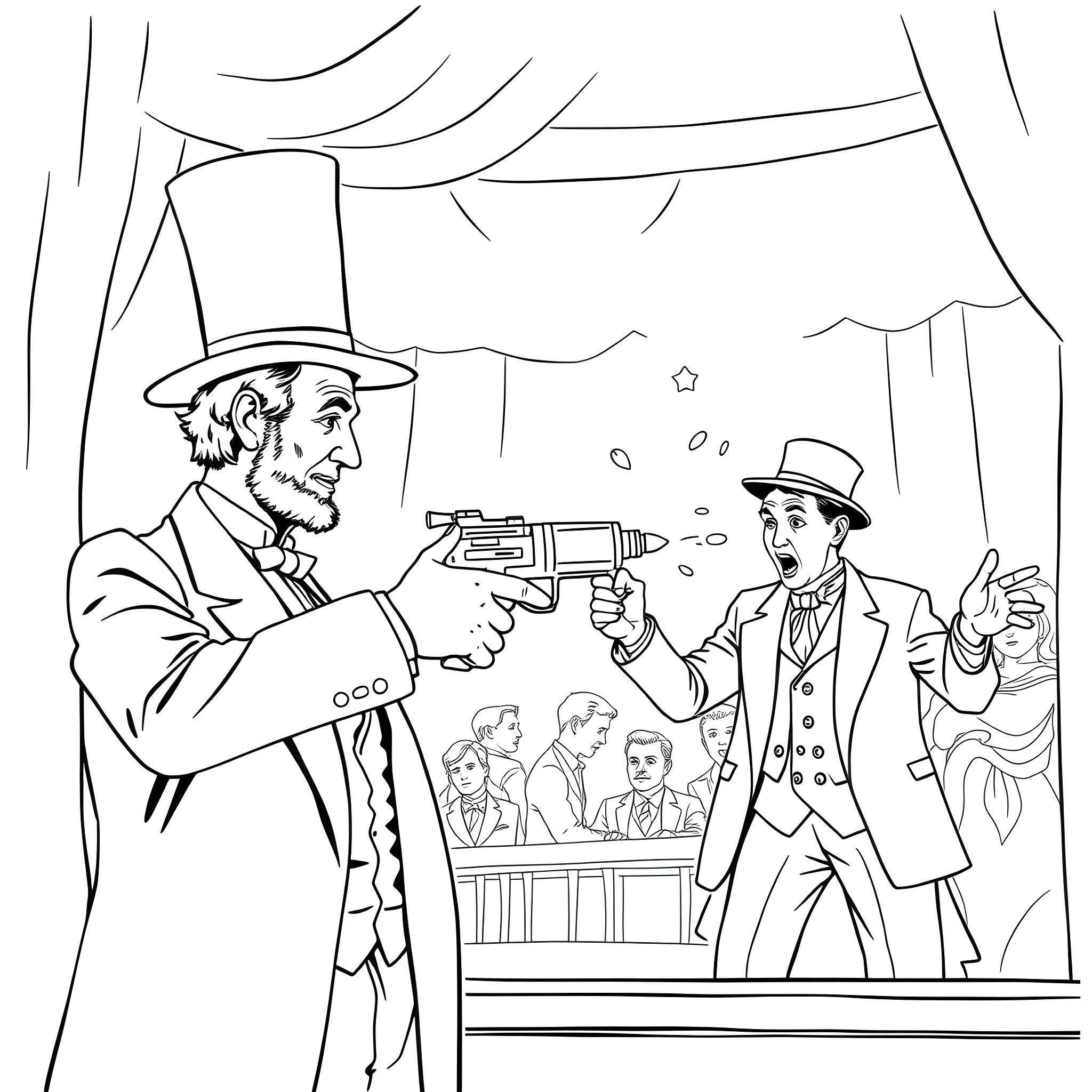 Abraham Lincoln confronting a criminal on stage Coloring Page (free black-and-white line drawing printable PDF for all, from beginners to advanced learners, including children, teens, adults, and seniors)