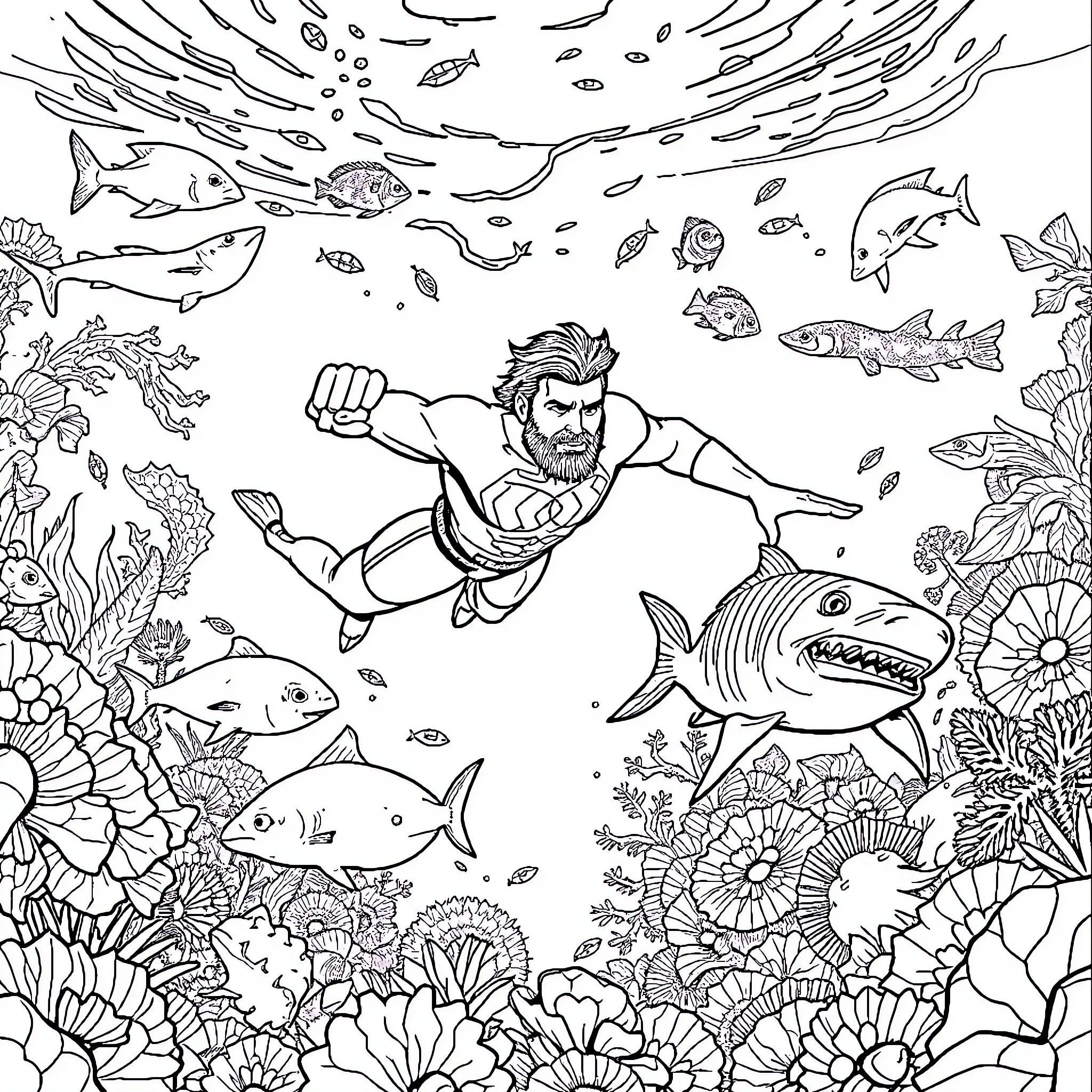 Aquaman swimming through vibrant underwater world Coloring Page (free black-and-white line drawing printable PDF for all, from beginners to advanced learners, including children, teens, adults, and seniors)