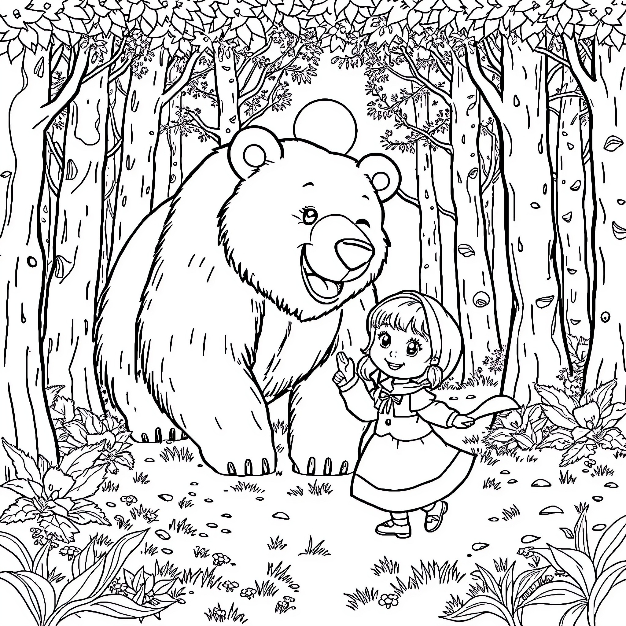 Masha exploring the enchanted forest with her bear friend Coloring Page (free black-and-white line drawing printable PDF for all, from beginners to advanced learners, including children, teens, adults, and seniors)