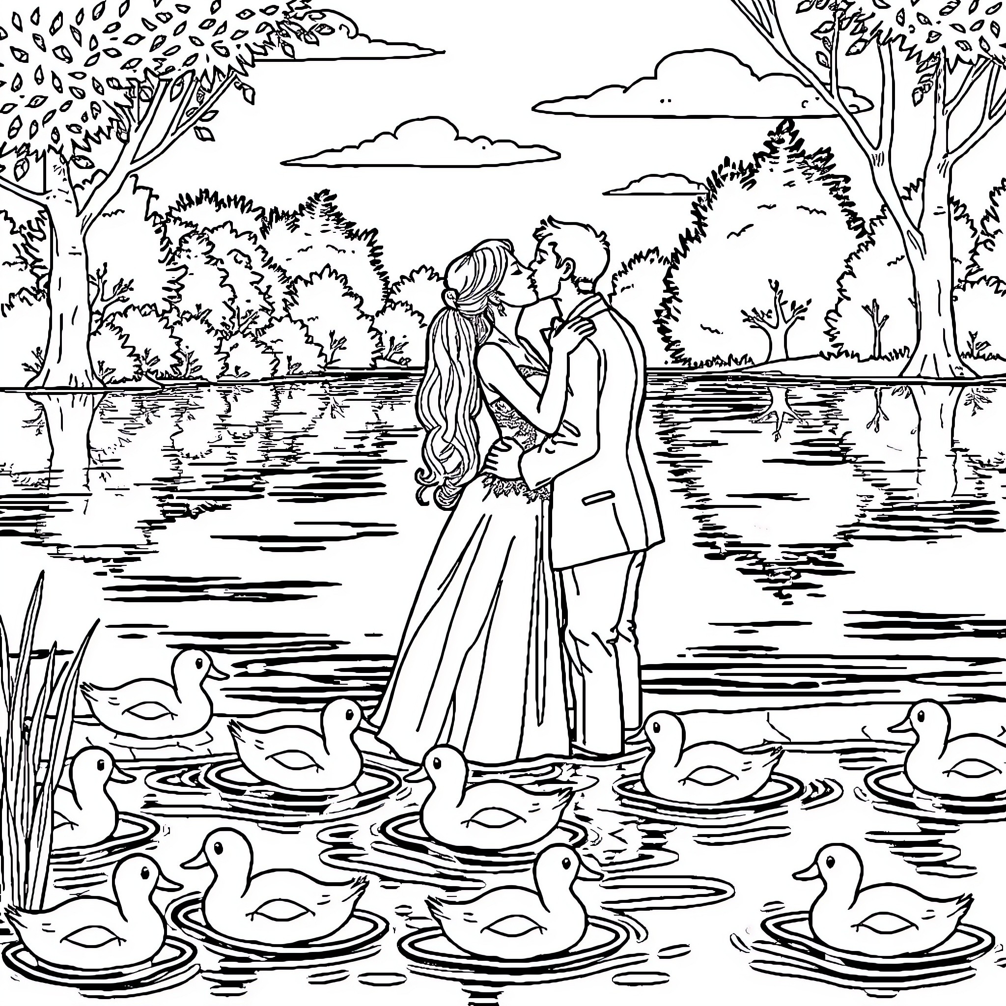 Newlywed couple embracing by the lake with ducks Coloring Page (free black-and-white line drawing printable PDF for all, from beginners to advanced learners, including children, teens, adults, and seniors)