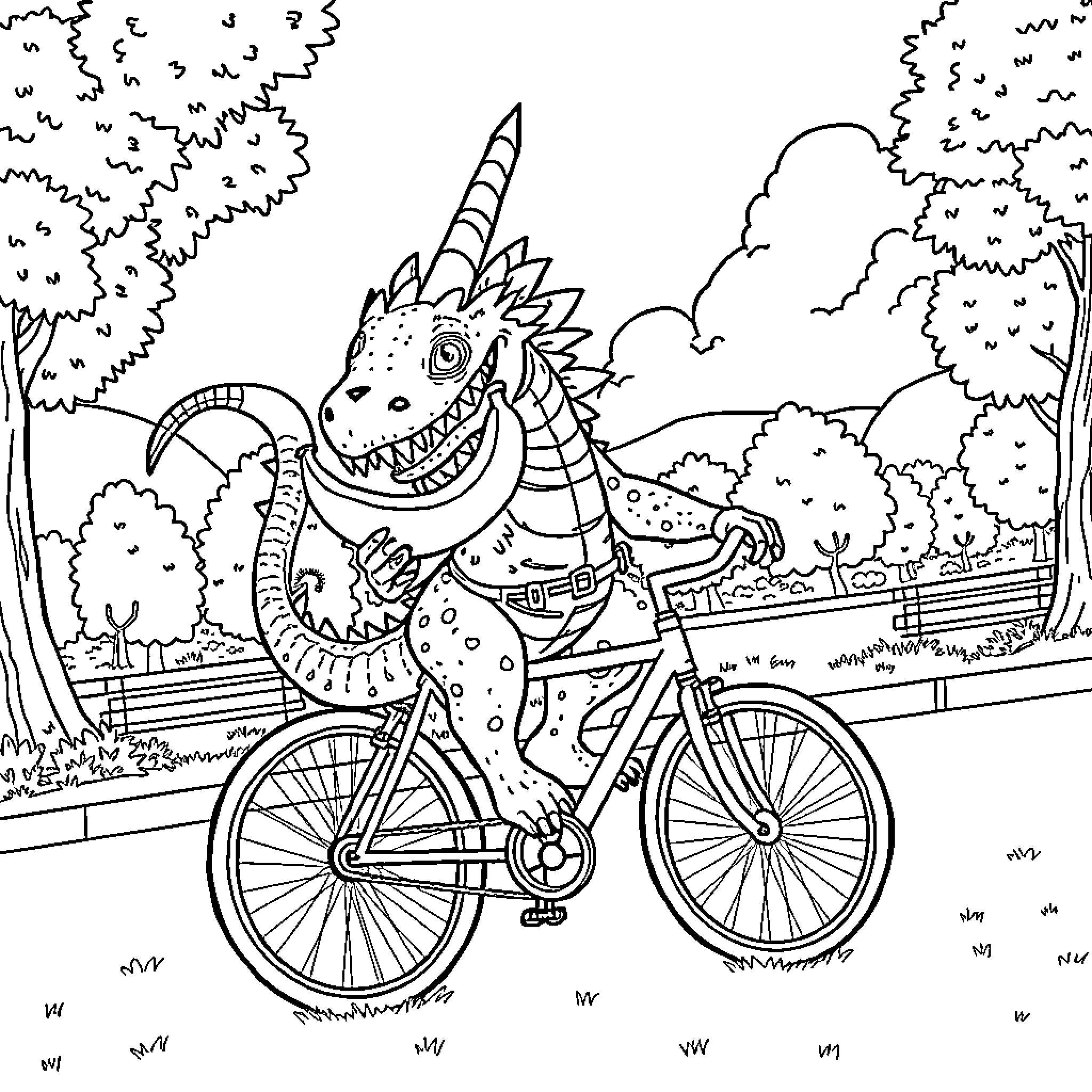 Demogorgon monster riding a bicycle through the forest Coloring Page (free black-and-white line drawing printable PDF for all, from beginners to advanced learners, including children, teens, adults, and seniors)