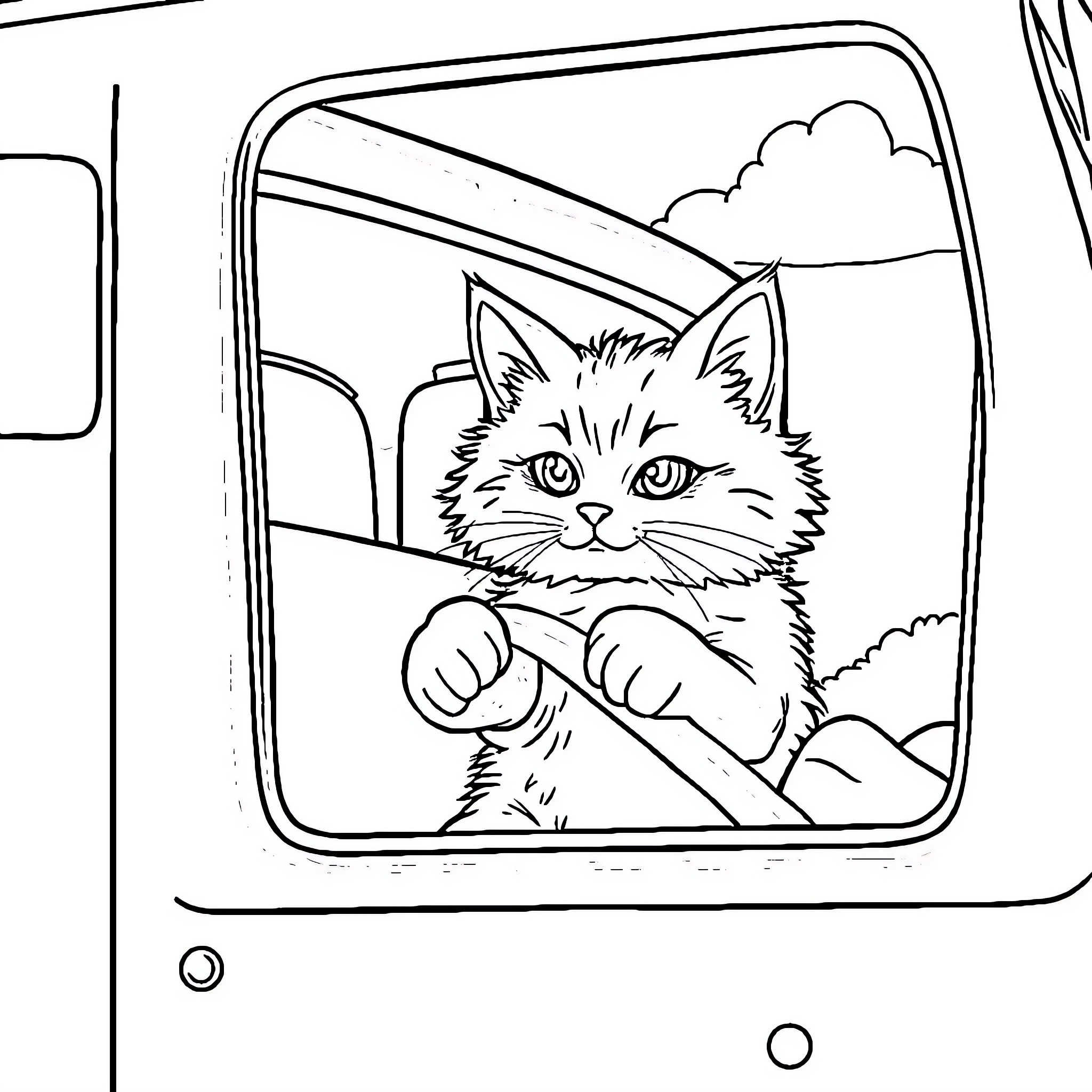Cat peeking out from car window Coloring Page (free black-and-white line drawing printable PDF for all, from beginners to advanced learners, including children, teens, adults, and seniors)